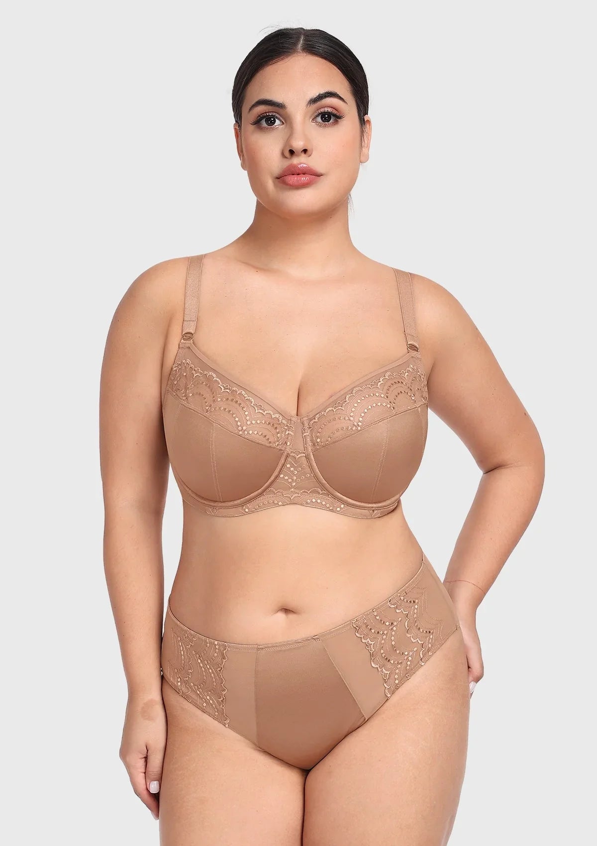 Front view of the dark beige embroidered lace balconette bra, showcasing a romantic unlined lift and sheer elegance for fuller figures.