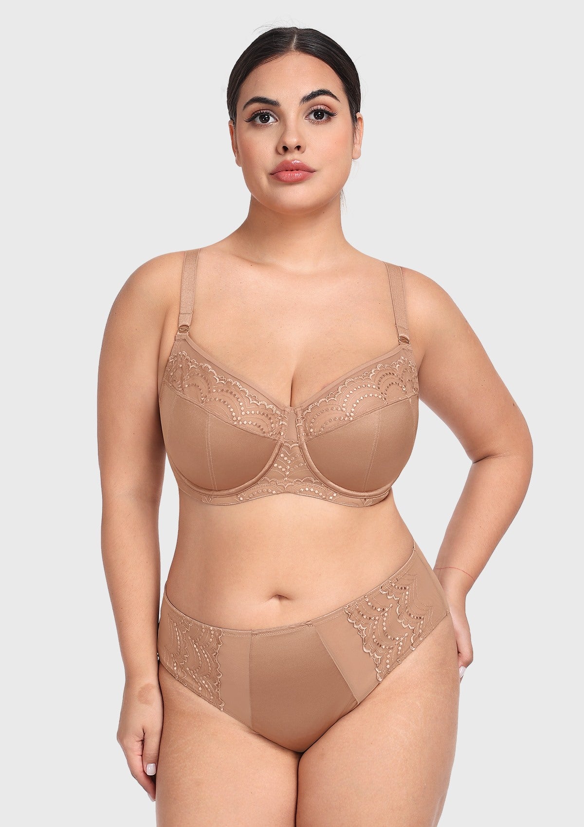 Front view of the dark beige embroidered lace balconette bra, showcasing a romantic unlined lift and sheer elegance for fuller figures.