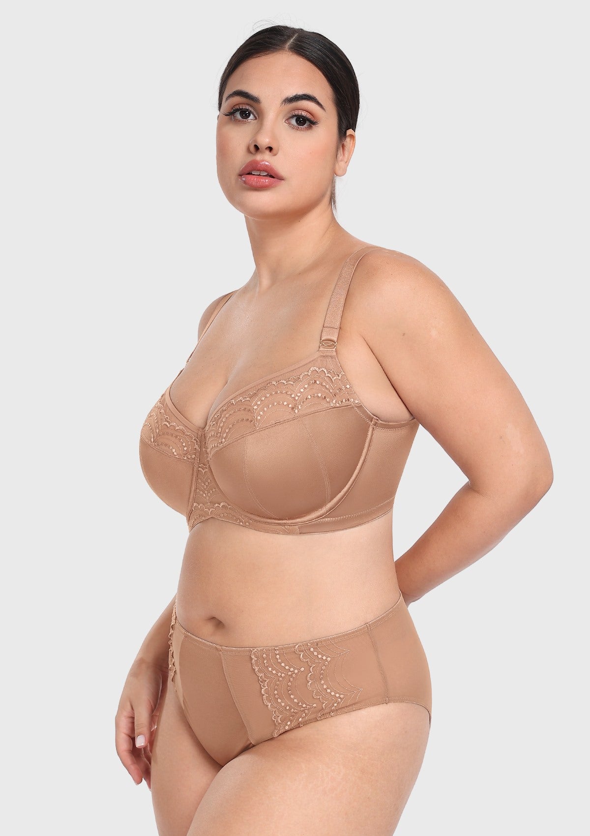 45-degree angle of the dark beige side sling support bra, highlighting how the hidden mesh sling gently pushes breast tissue forward for a slimming effect.