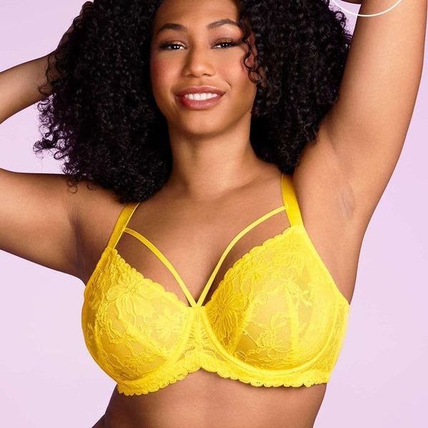 Pretty In Petals Bright Yellow Unlined Strappy Lace Bra Set - HSIA