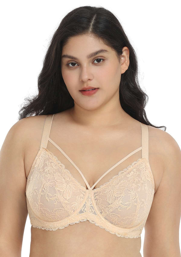 Pretty In Petals Beige Cream Unlined Strappy Lace Bra Set - HSIA