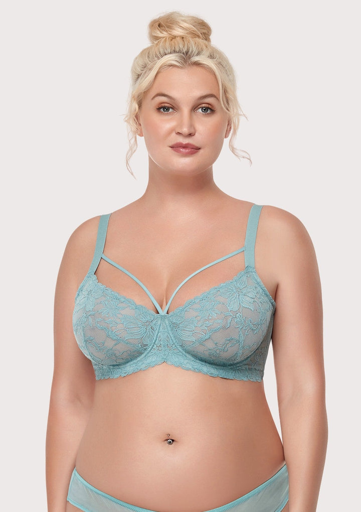 HSIA Pretty In Petals Blue Unlined Strappy Lace Bra Crystal Blue / 32 / C