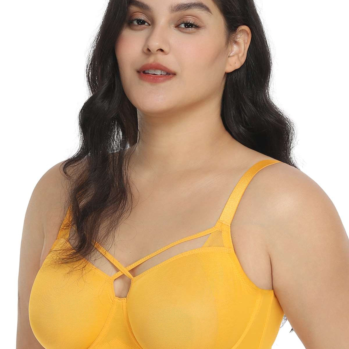 Billie Cross Front Strap Yellow Smooth Sheer Mesh Underwire Bra Set - HSIA