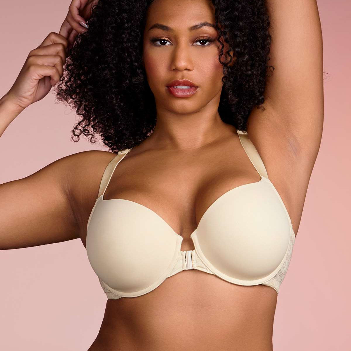 Serena Front-Close Champagne Lace-Back Racerback Underwire Bra Set - HSIA