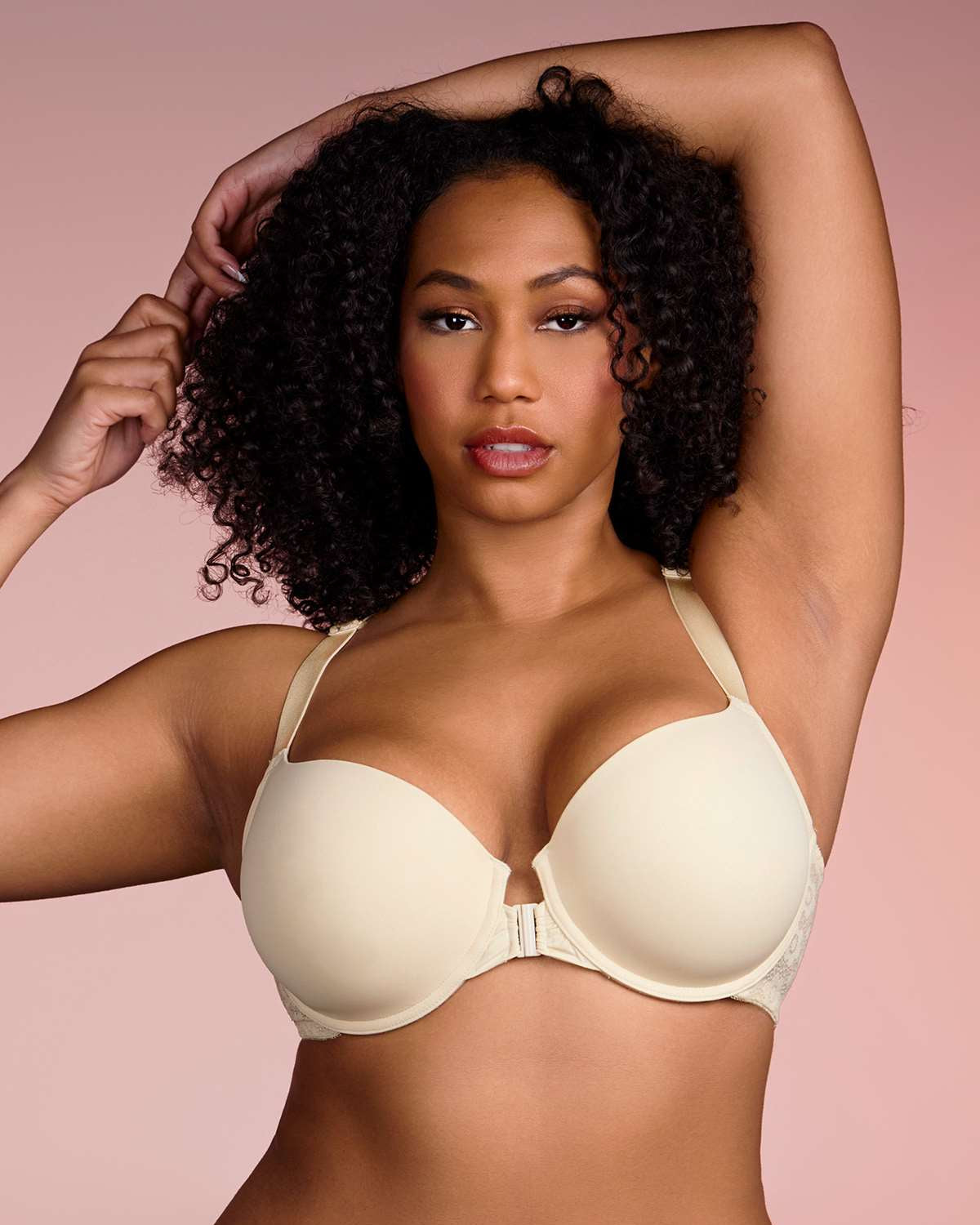 Serena Front-Close Champagne Lace-Back Racerback Underwire Bra Set - HSIA