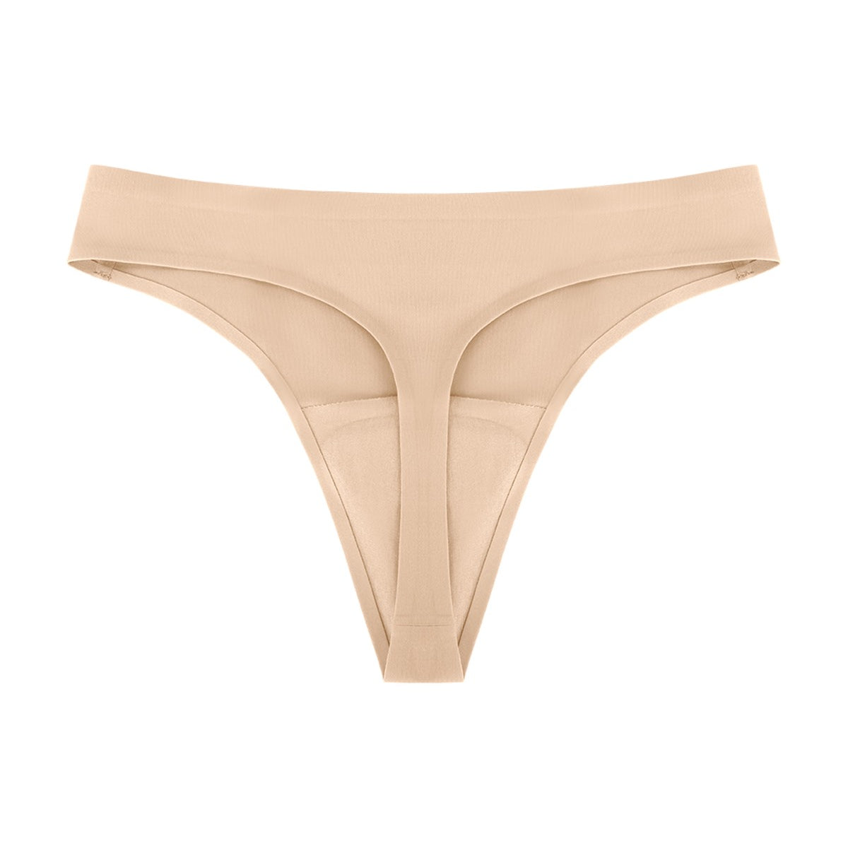 Detailed 3D shot of the beige anti-camel toe thong, emphasizing the moisture-wicking 100% cotton gusset for hygiene.