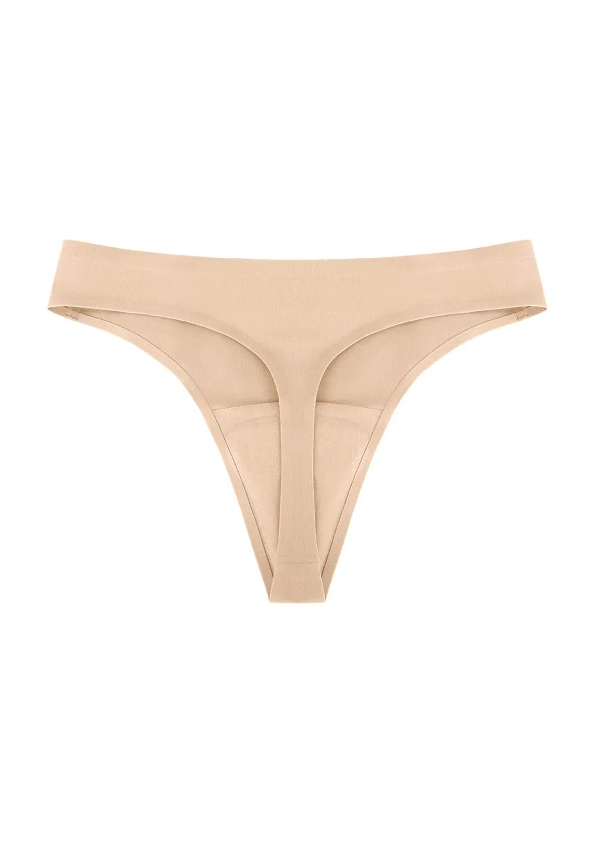 Detailed 3D shot of the beige anti-camel toe thong, emphasizing the moisture-wicking 100% cotton gusset for hygiene.
