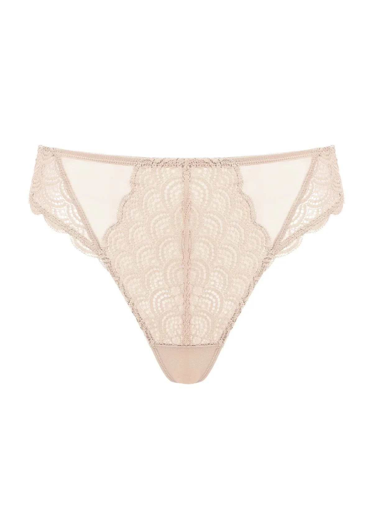 3D display of the beige high waist lace panties for women, offering a seamless invisible look that is perfect for under tight dresses.
