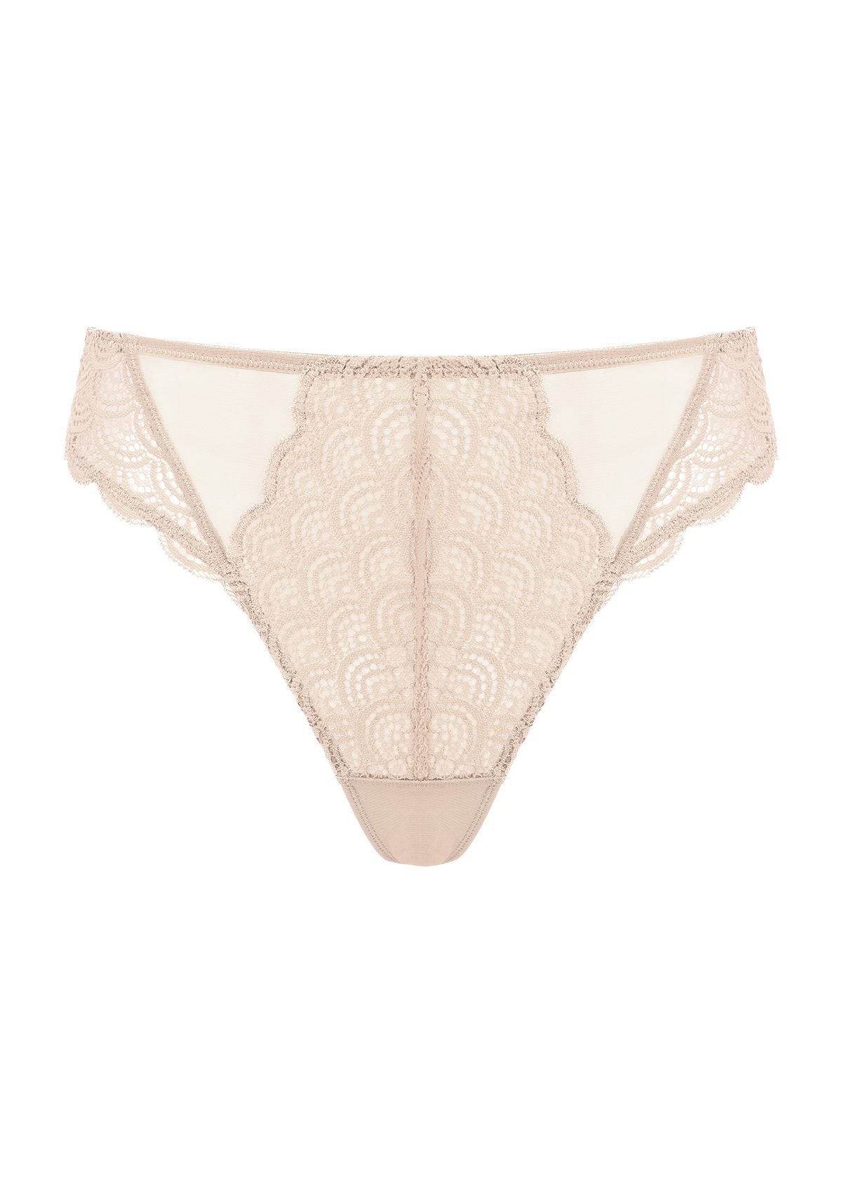 3D display of the beige high waist lace panties for women, offering a seamless invisible look that is perfect for under tight dresses.