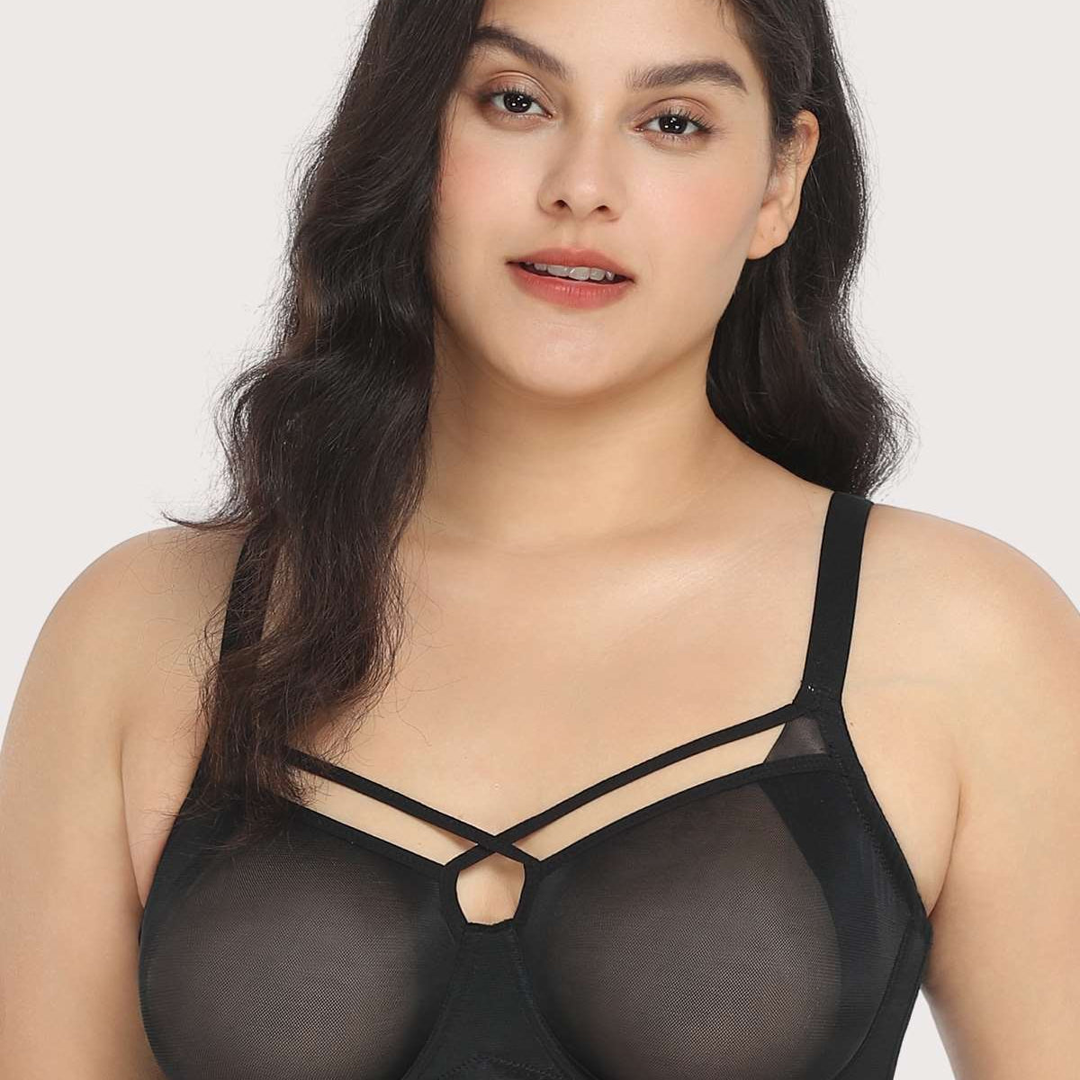 Billie Cross Front Strap Black Smooth Sheer Mesh Underwire Bra Set - HSIA
