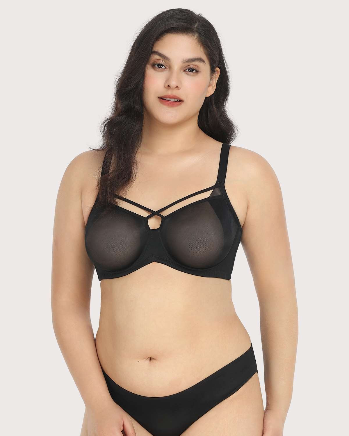 Billie Cross Front Strap Black Smooth Sheer Mesh Underwire Bra Set - HSIA