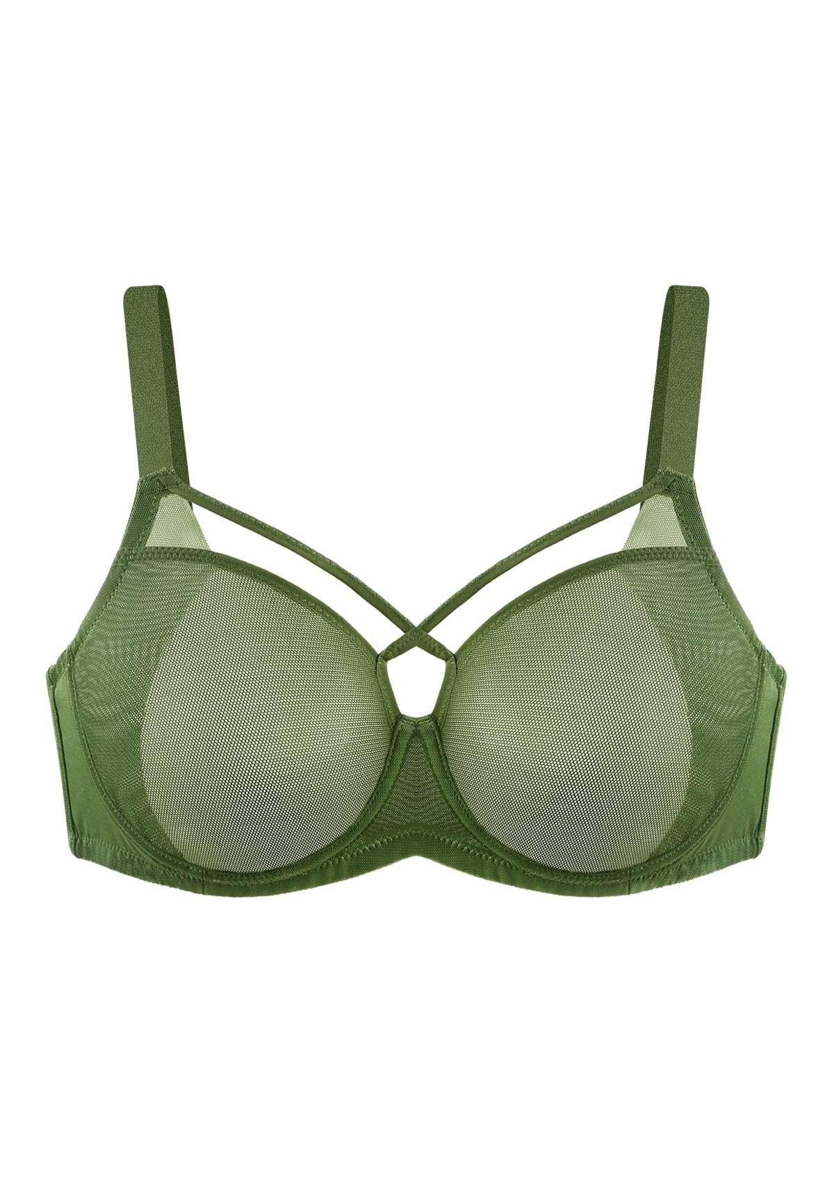 Billie Cross Front Strap Dark Green Smooth Sheer Mesh Underwire Bra - HSIA