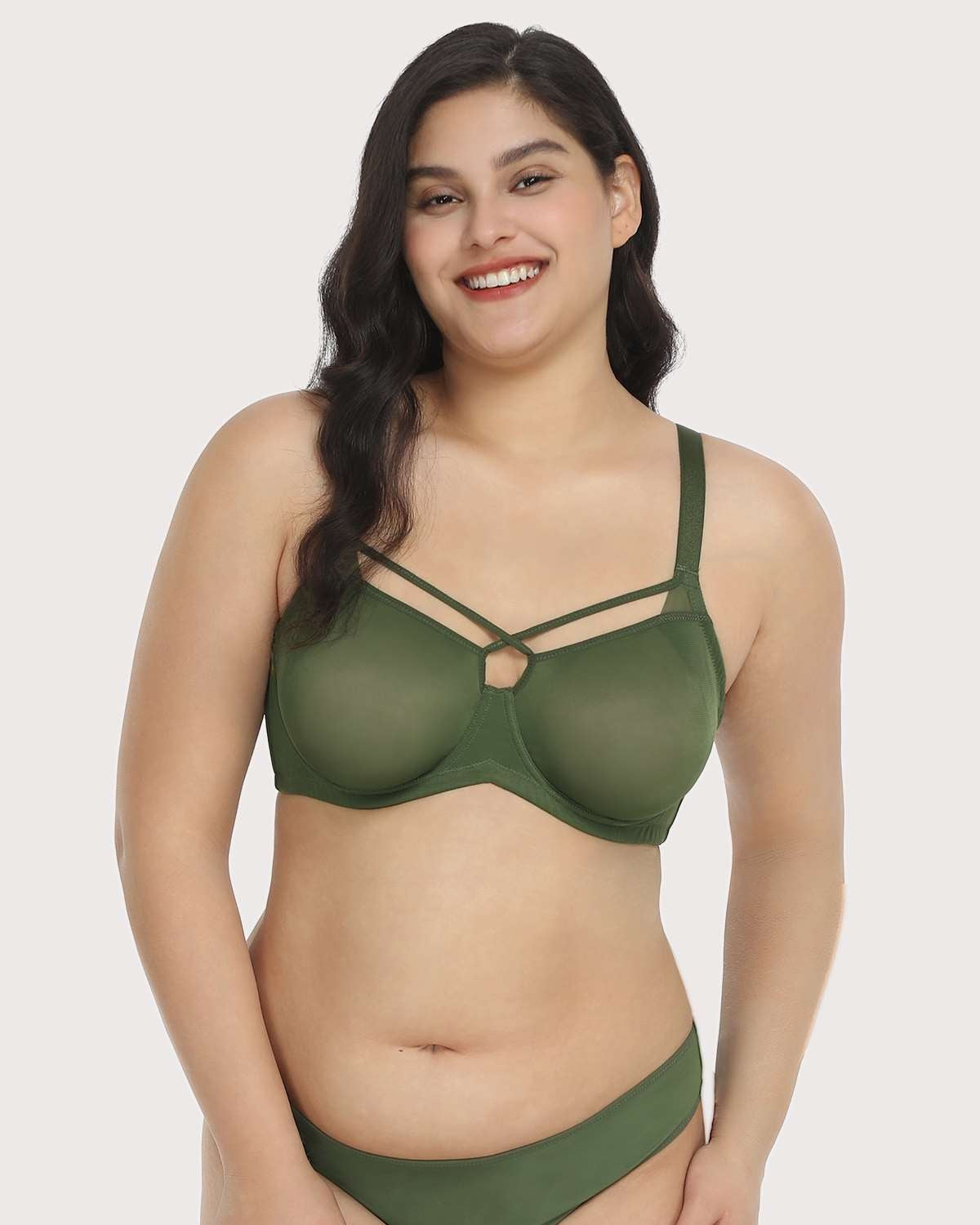 Billie Cross Front Strap Dark Green Smooth Sheer Mesh Underwire Bra - HSIA