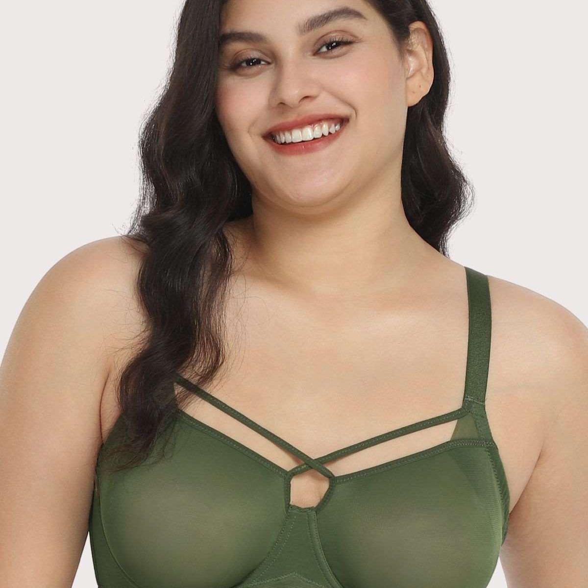 Billie Cross Front Strap Dark Green Smooth Sheer Mesh Underwire Bra - HSIA