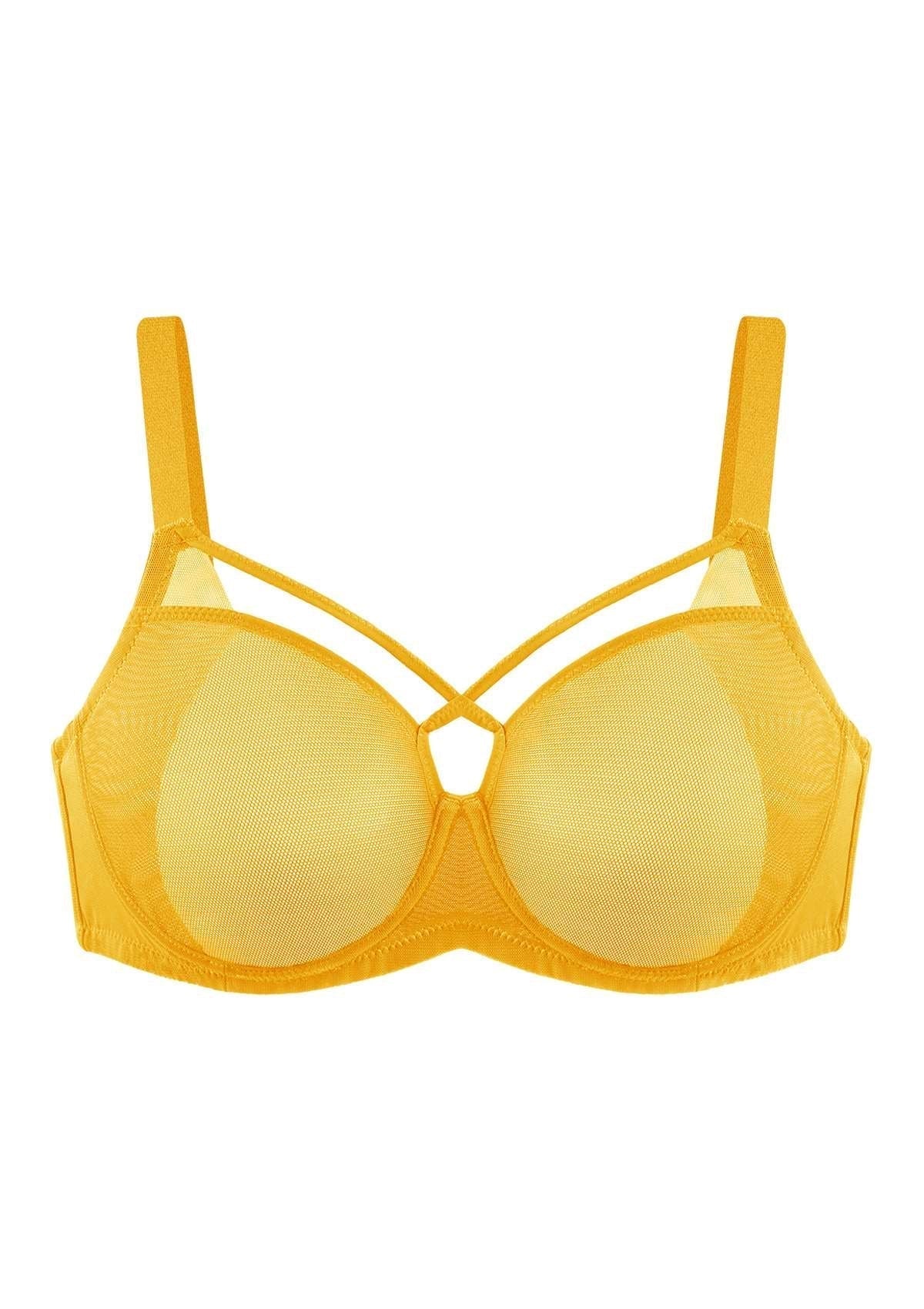 Billie Cross Front Strap Yellow Smooth Sheer Mesh Underwire Bra Set - HSIA