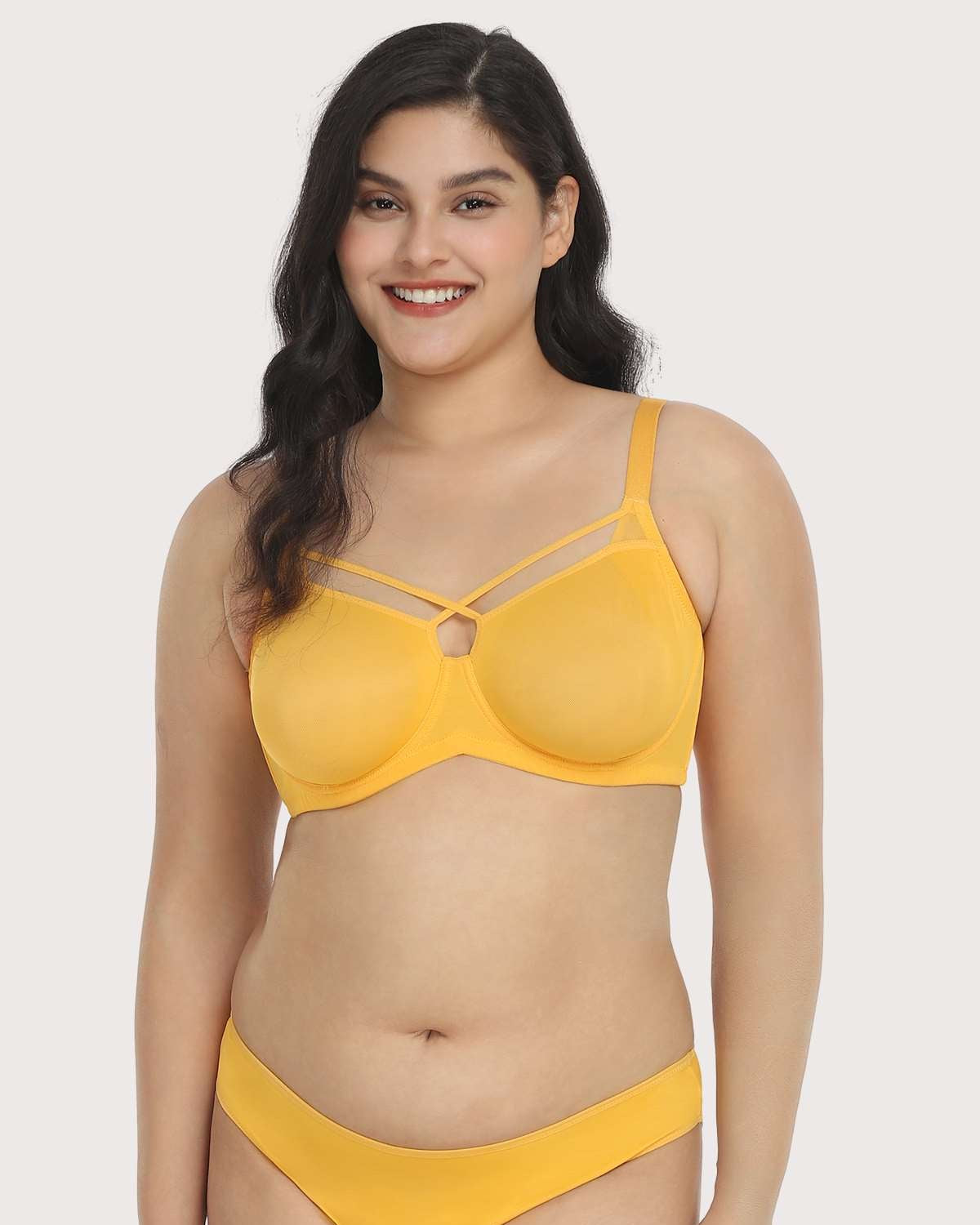 Billie Cross Front Strap Yellow Smooth Sheer Mesh Underwire Bra Set - HSIA