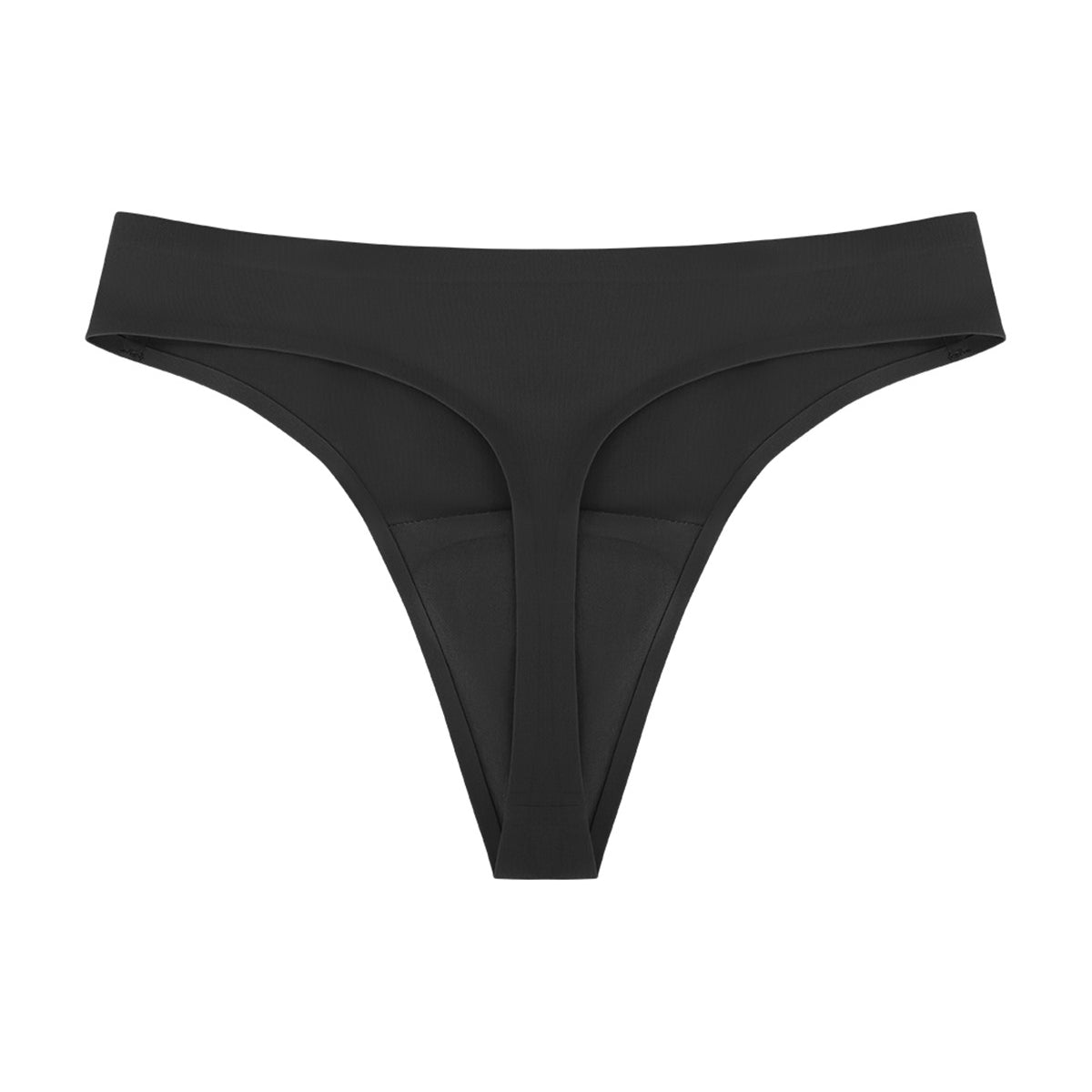 3D studio render of the black anti-camel toe thong, showing the ultra-soft stretch fabric and breathable cotton gusset.