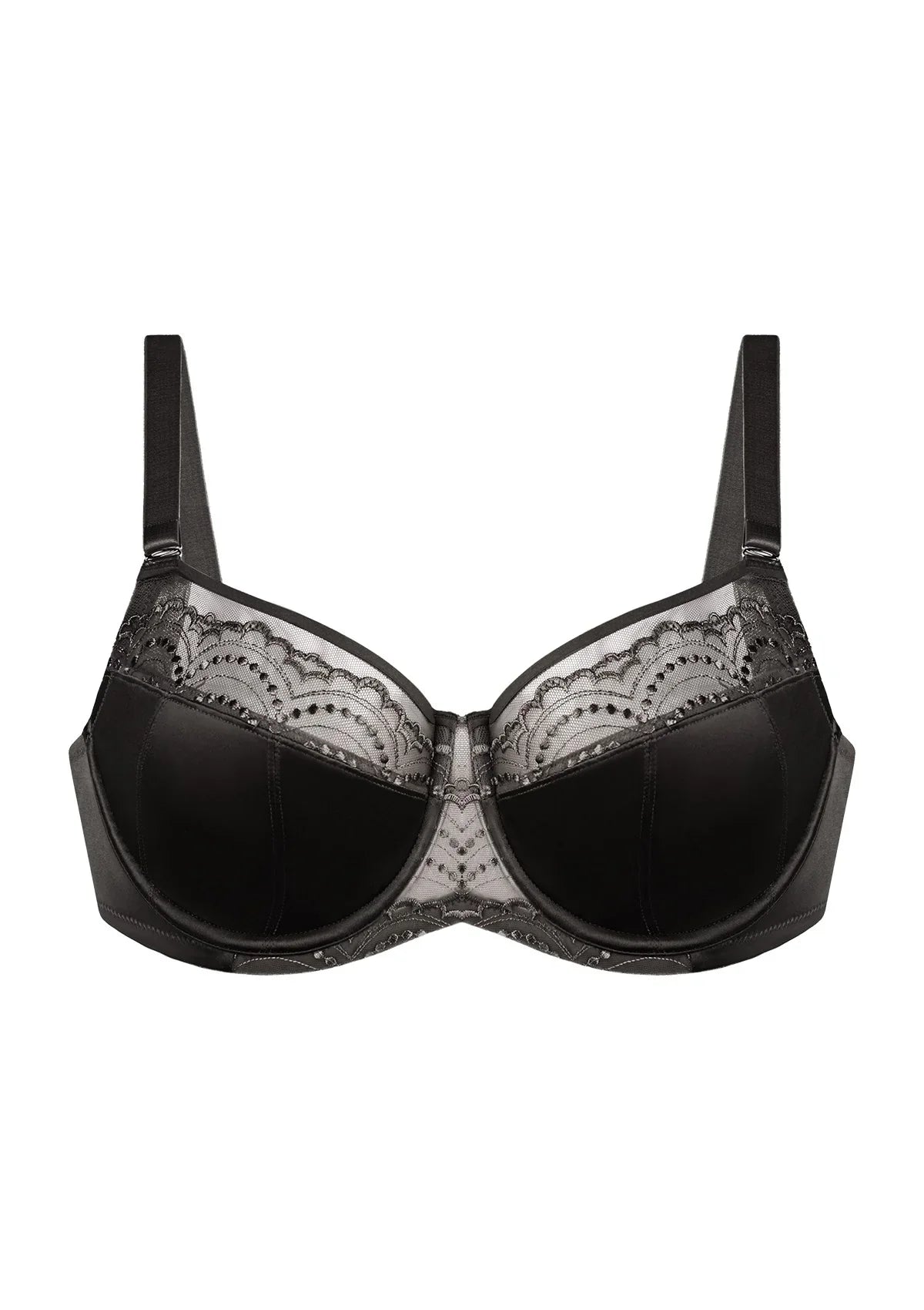 3D flat lay shot of the HSIA black embroidered balconette bra, emphasizing the premium sheer lace and structured underwire design.