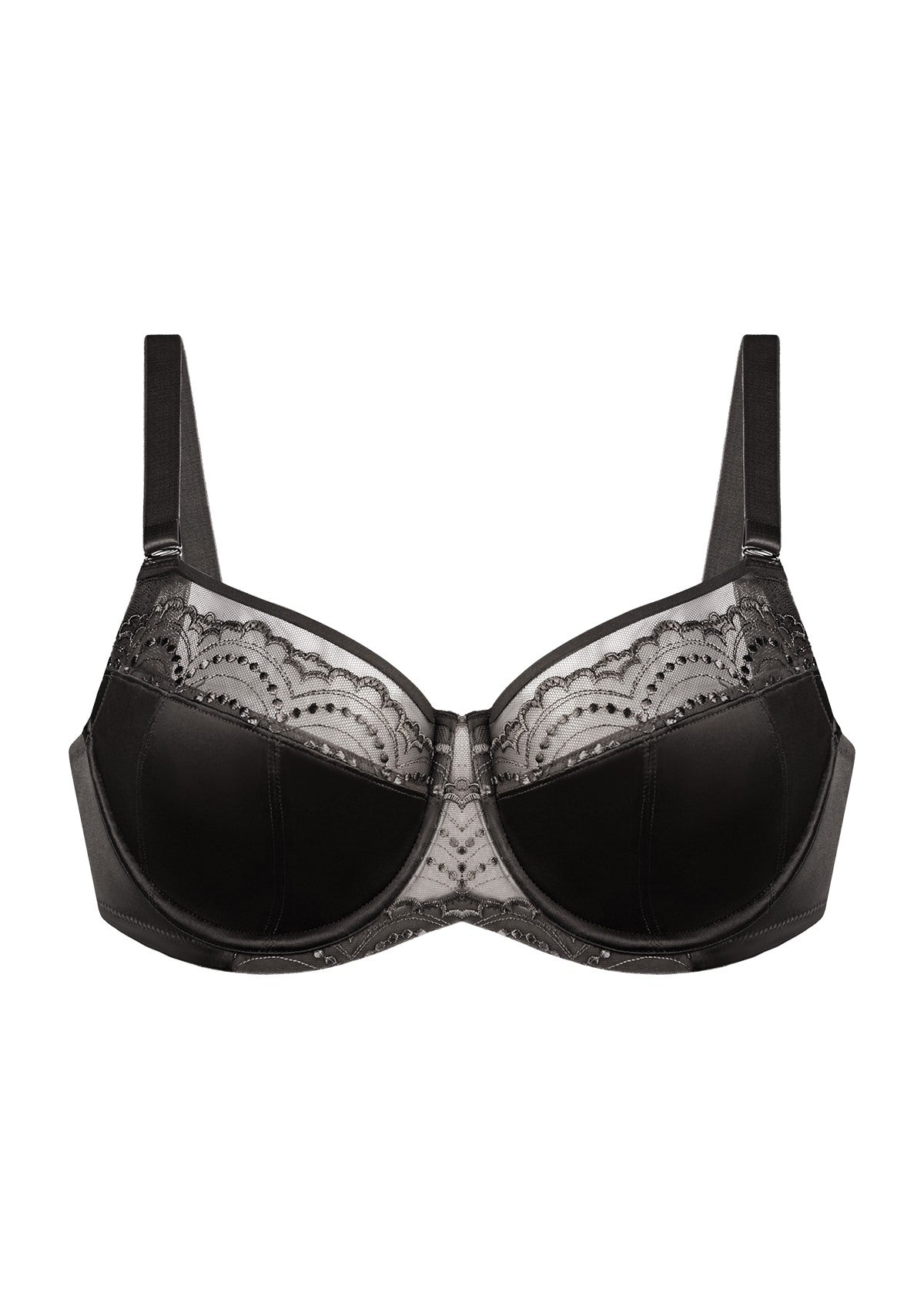 3D flat lay shot of the HSIA black embroidered balconette bra, emphasizing the premium sheer lace and structured underwire design.