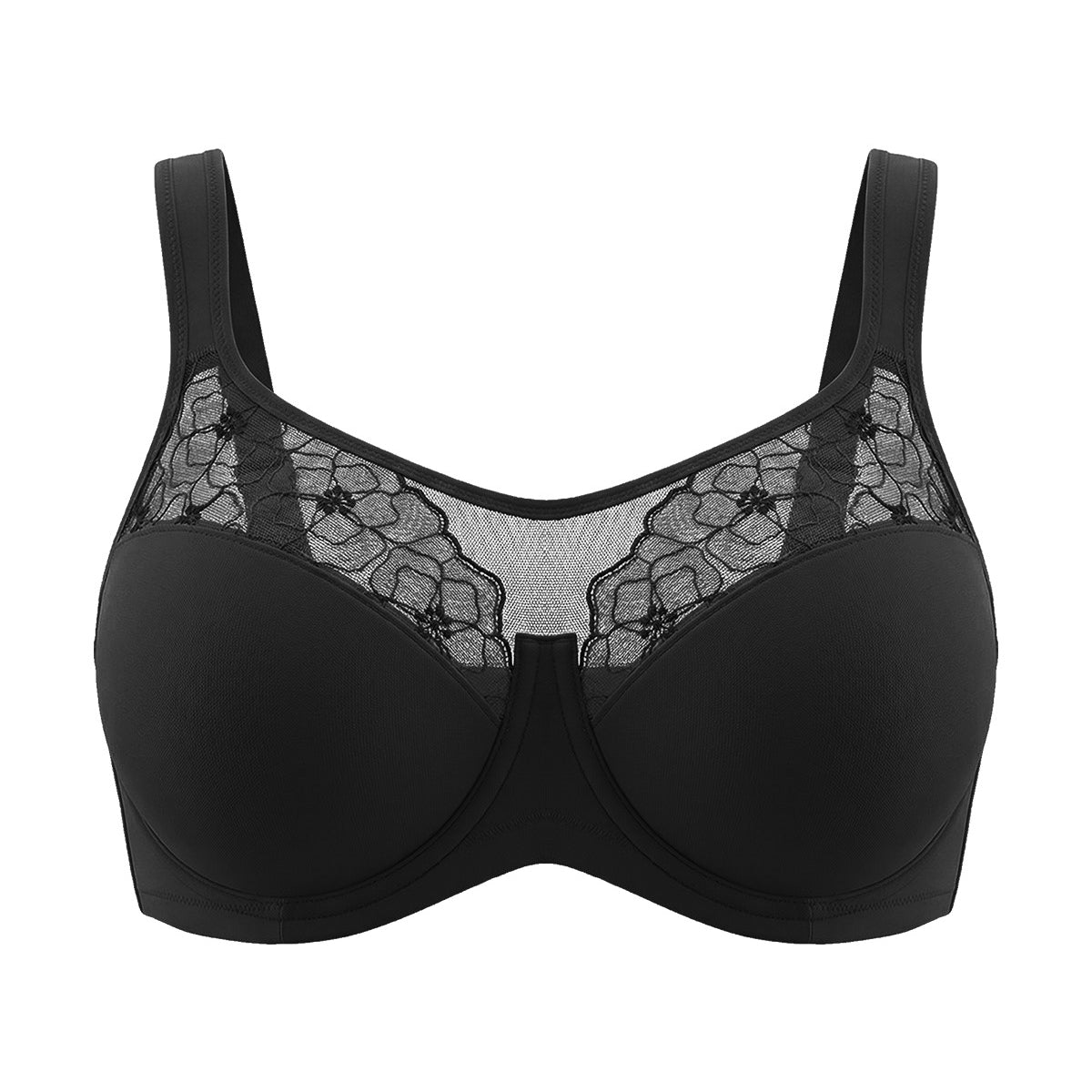 3D flat lay shot of the HSIA black embroidered mesh bra, highlighting the high-cut sheer mesh neckline and premium stretch fabric.