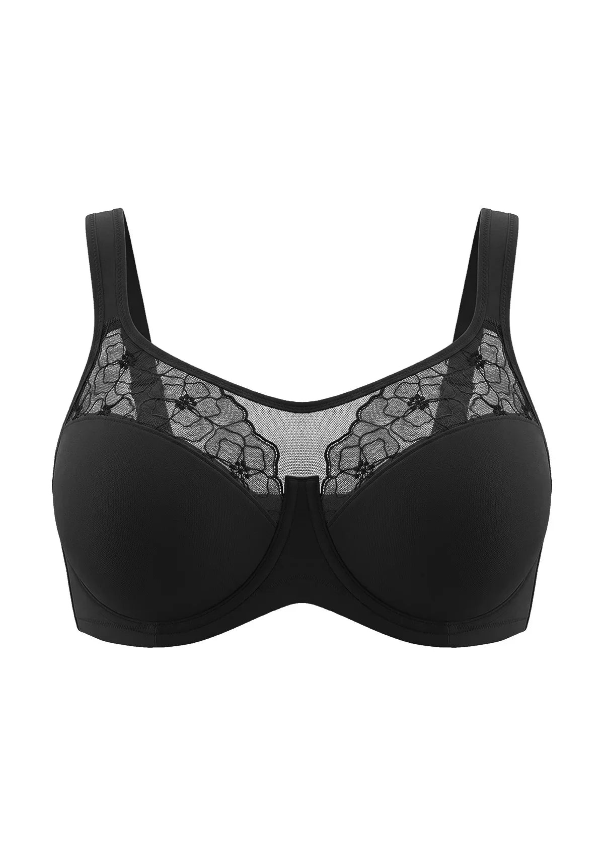 3D flat lay shot of the HSIA black embroidered mesh bra, highlighting the high-cut sheer mesh neckline and premium stretch fabric.