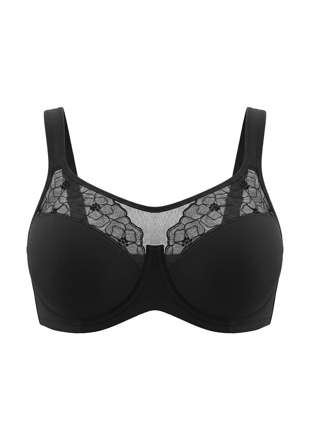 3D flat lay shot of the HSIA black embroidered mesh bra, highlighting the high-cut sheer mesh neckline and premium stretch fabric.