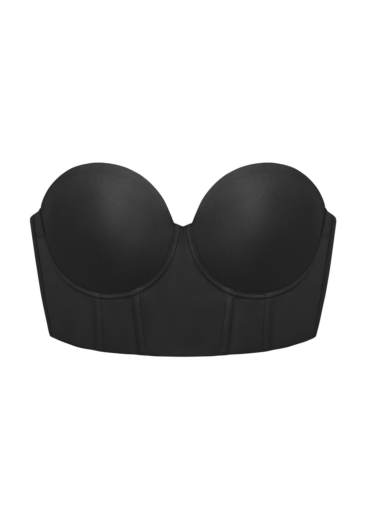 3D flat lay shot of the HSIA black longline strapless bra showcasing the wide anti-slip underband and premium fabric.