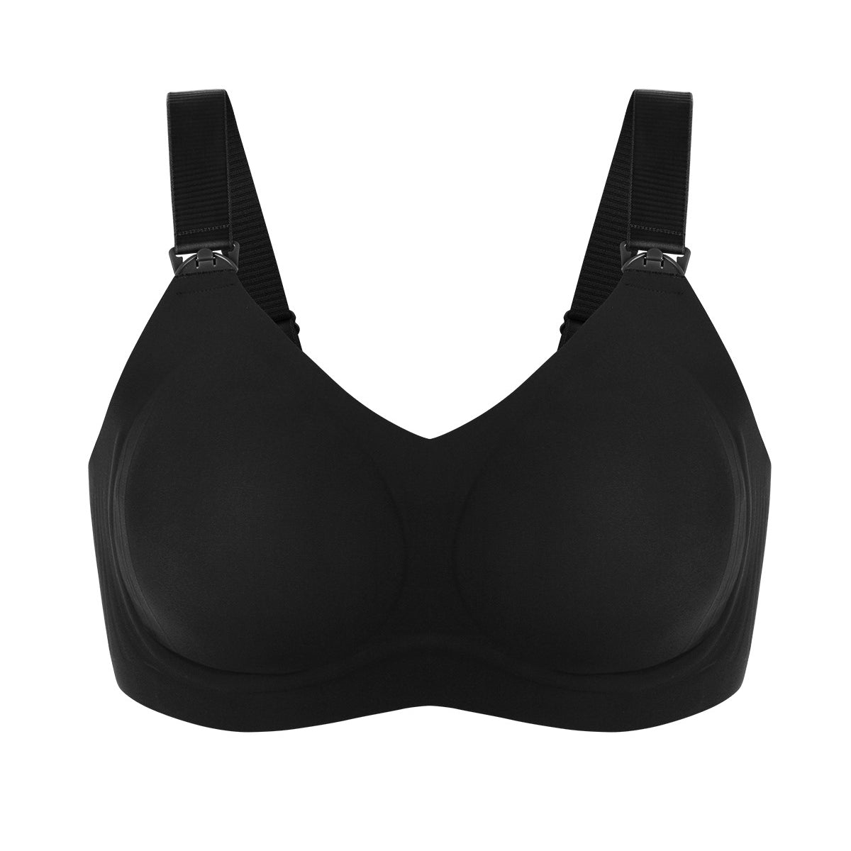 3D flat lay of the HSIA black seamless nursing bra, detailing the breathable perforated semi-fixed pads and the innovative W-shaped jelly support structure.