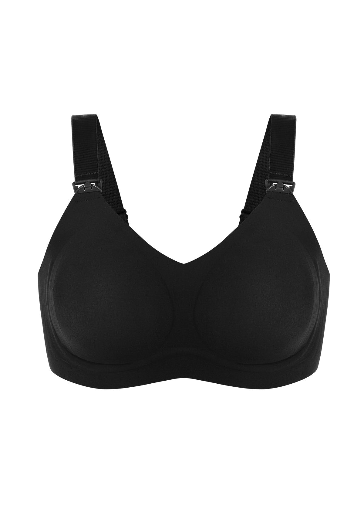 3D flat lay of the HSIA black seamless nursing bra, detailing the breathable perforated semi-fixed pads and the innovative W-shaped jelly support structure.