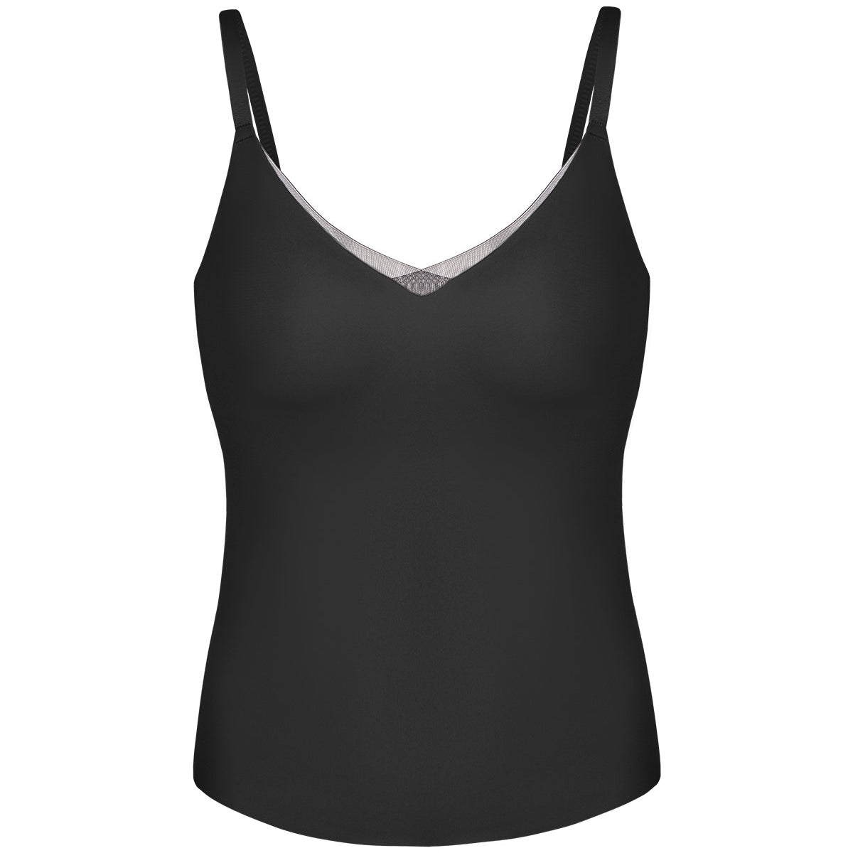3D flat lay of the HSIA black seamless sculpting bra top, detailing the semi-fixed molding and removable crescent padding.