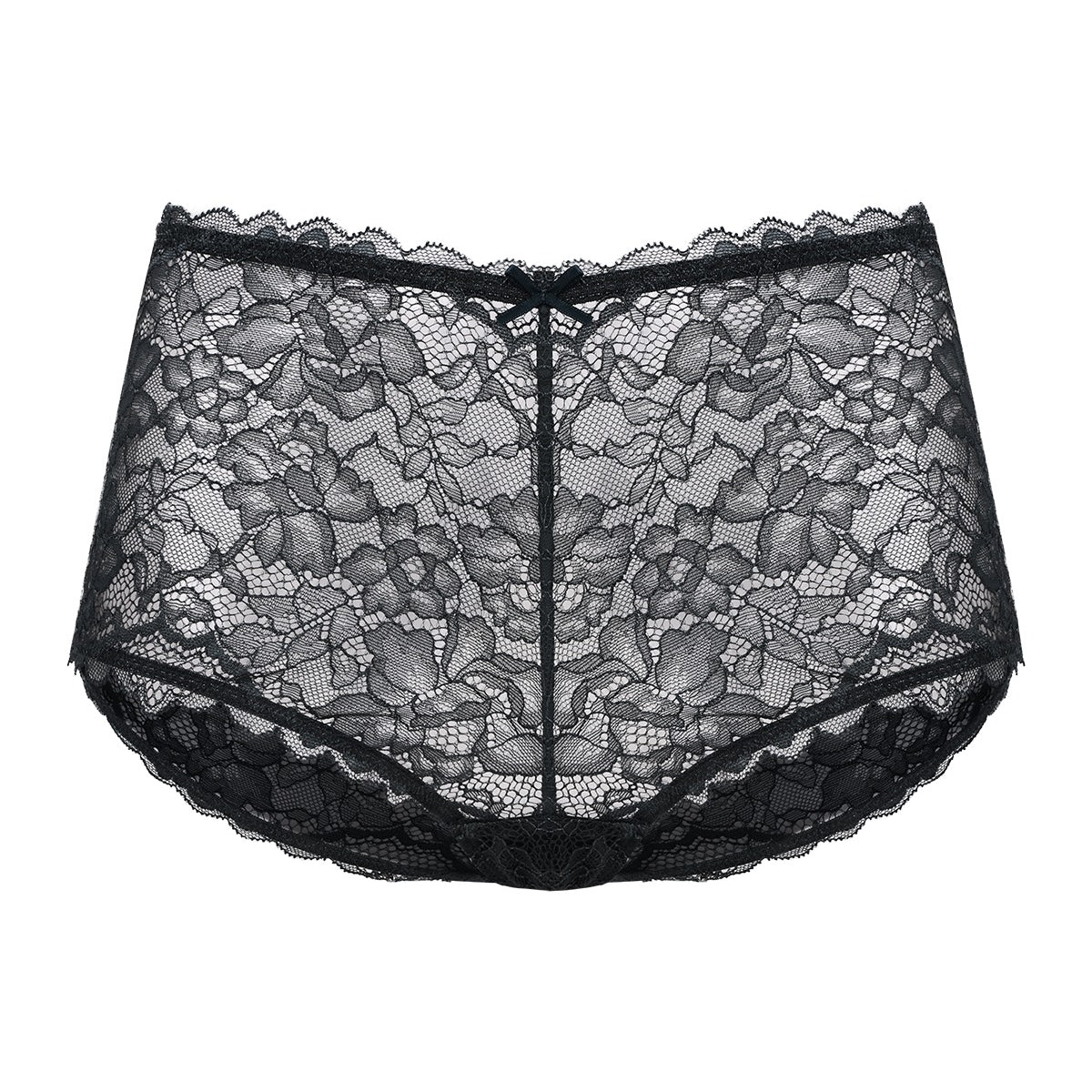 3D studio render of the HSIA black high waist lace boyshort panty, emphasizing the all-over feminine lace and breathable 100% cotton gusset.