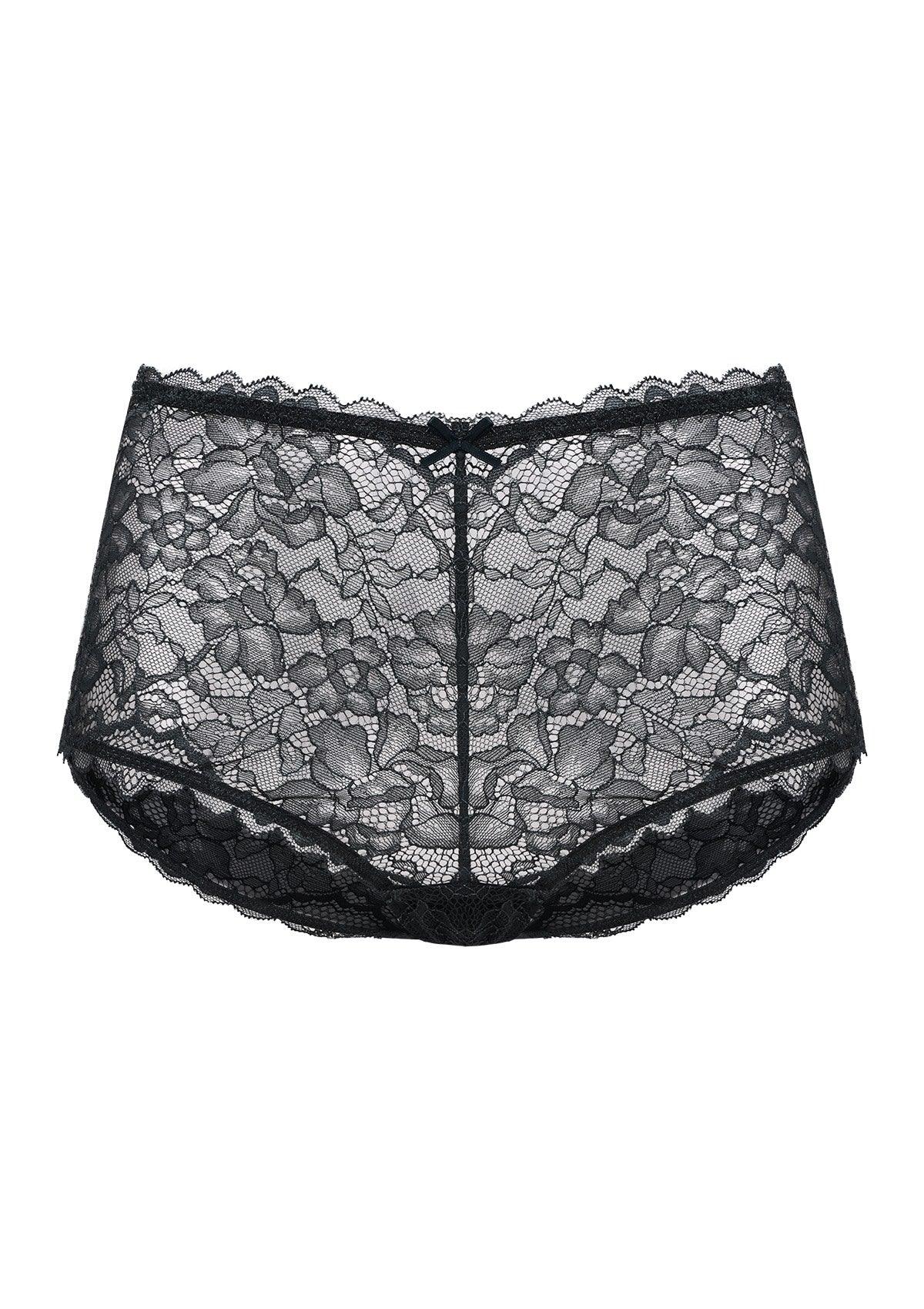 3D studio render of the HSIA black high waist lace boyshort panty, emphasizing the all-over feminine lace and breathable 100% cotton gusset.