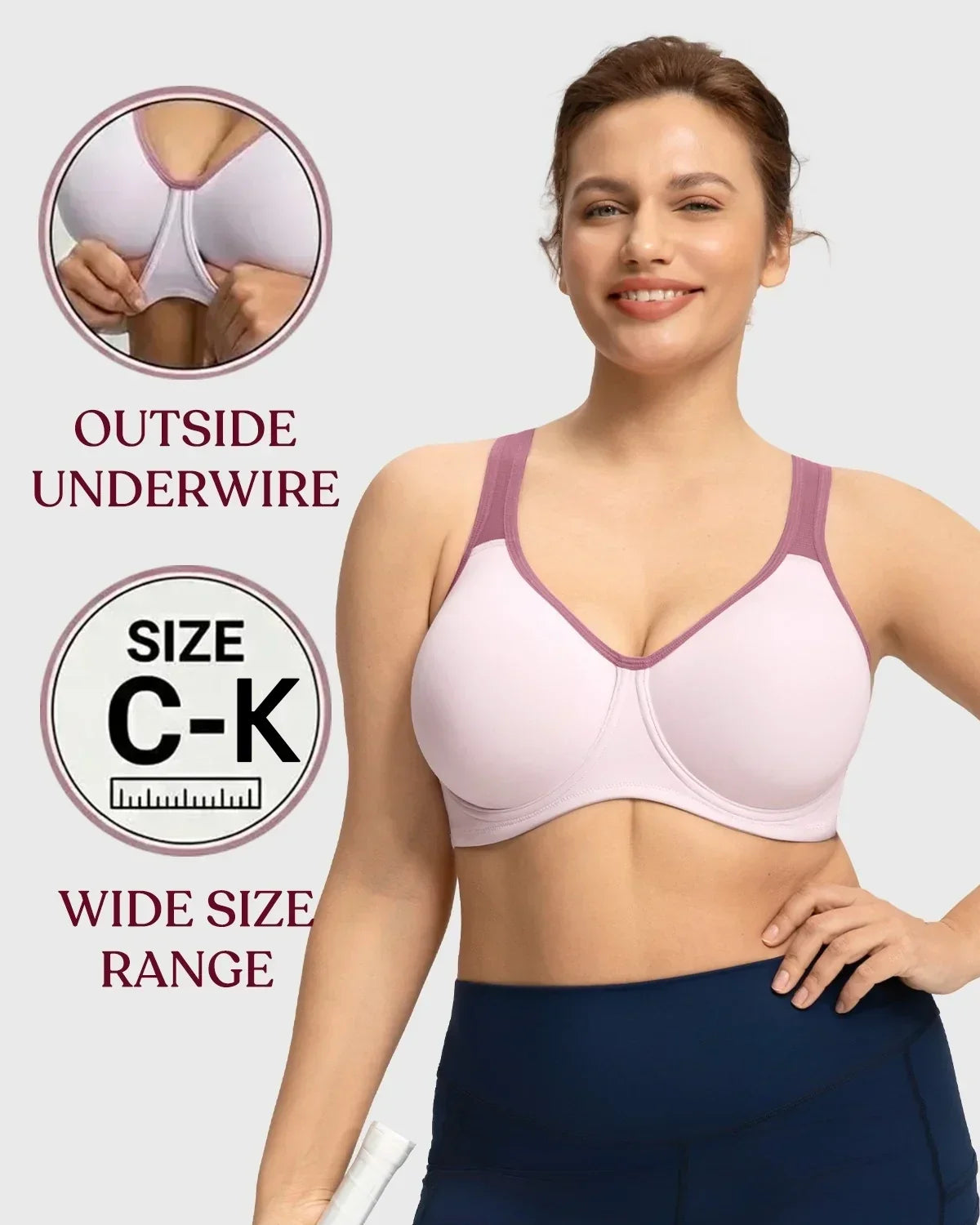 Front view of model wearing the Light Purple HSIA ComfyArc unlined sports bra, featuring an innovative outside underwire for chafe-free, full coverage support.