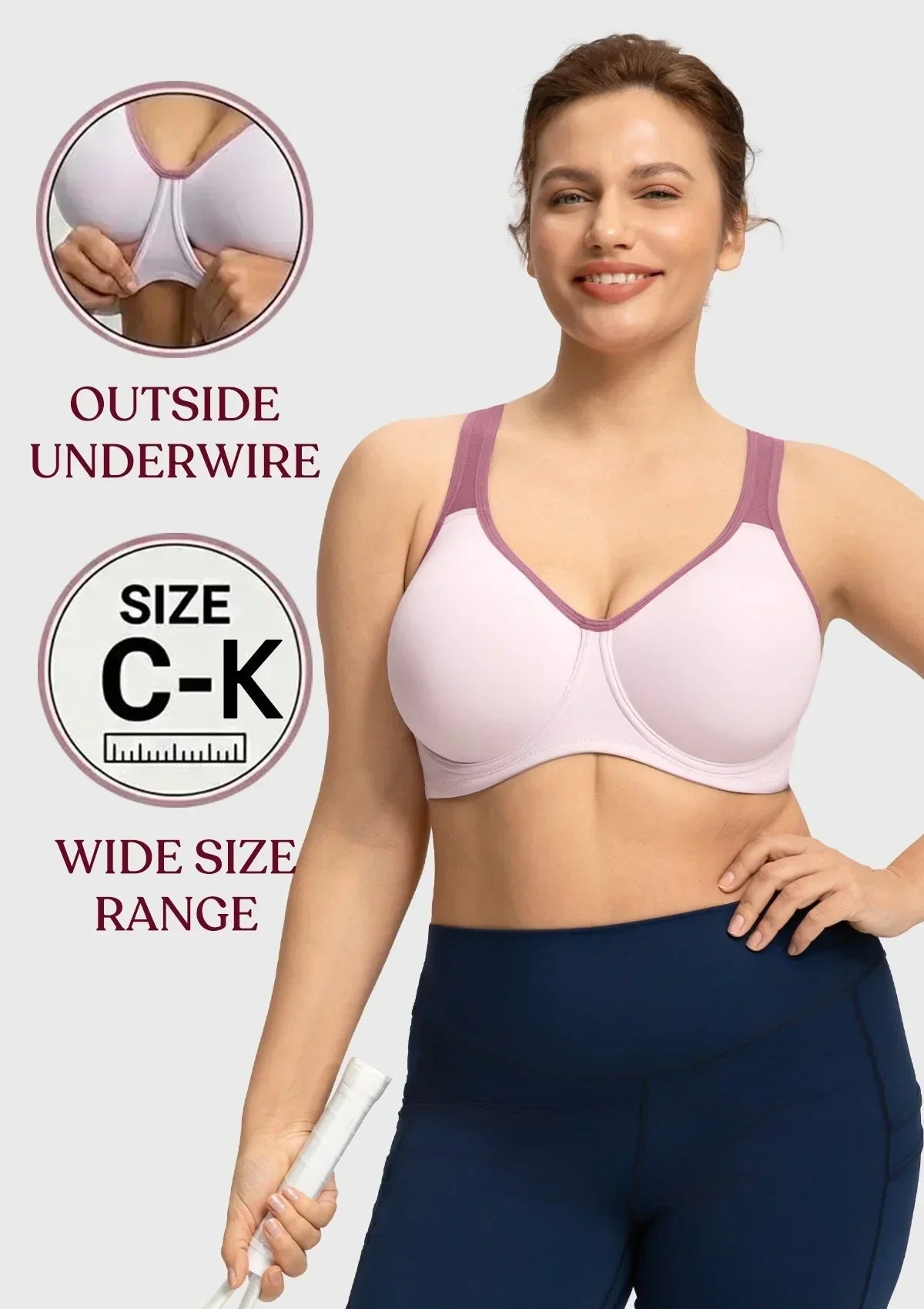 Front view of model wearing the Light Purple HSIA ComfyArc unlined sports bra, featuring an innovative outside underwire for chafe-free, full coverage support.