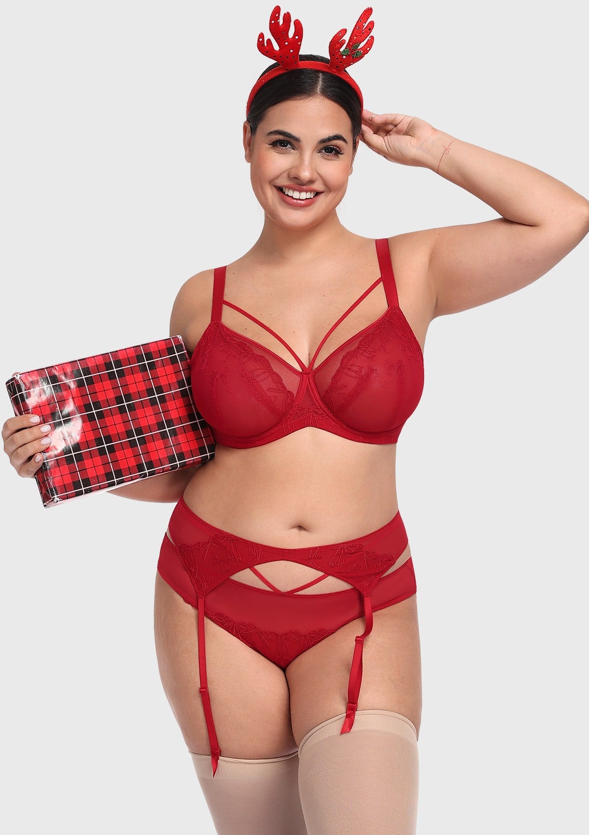 HSIA Renna Holiday Embroidered Red Mesh Thong Underwear - HSIA