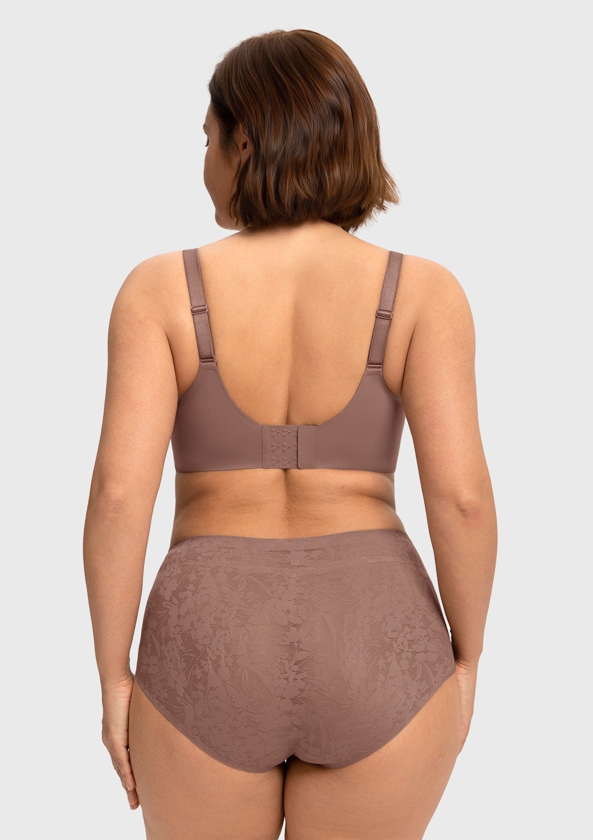 Back view of the dark brown purple U-back support bra, showcasing the secure hook-and-eye closure and wide smoothing band.