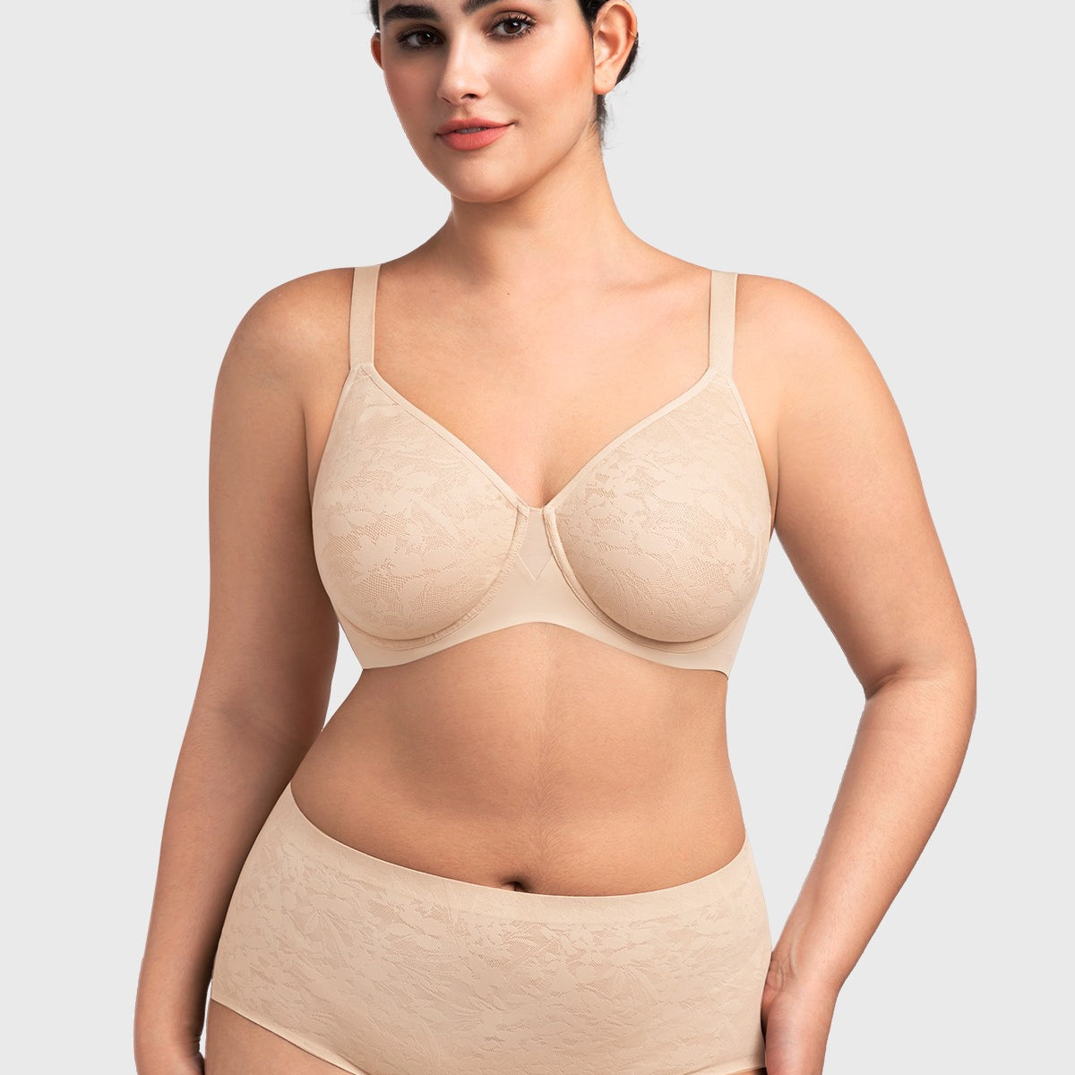 Front view of the nude seamless lace full coverage bra, showcasing an invisible fit and elegant molded cups for everyday comfort.
