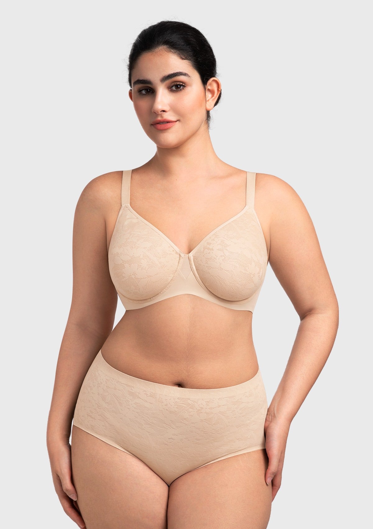 Front view of the nude seamless lace full coverage bra, showcasing an invisible fit and elegant molded cups for everyday comfort.