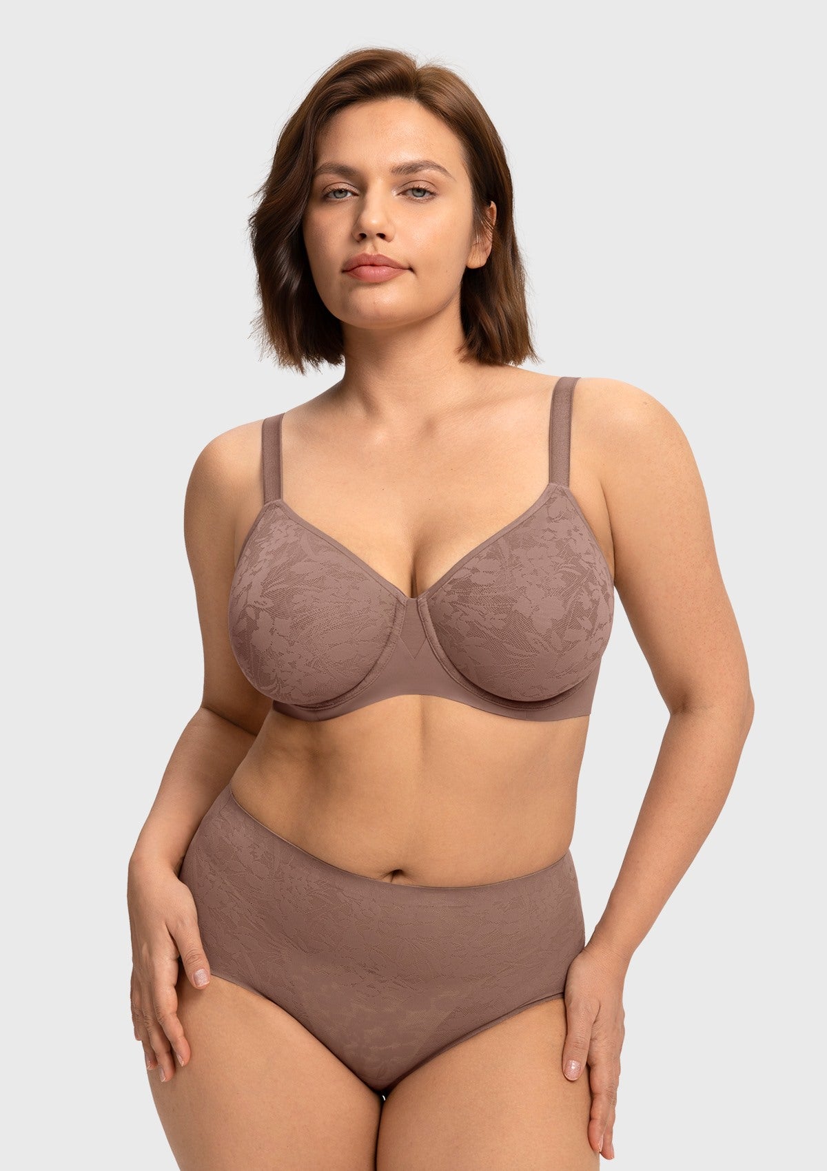 Front view of the dark brown purple seamless lace support bra, combining full coverage elegance with a flawlessly smooth, invisible fit.