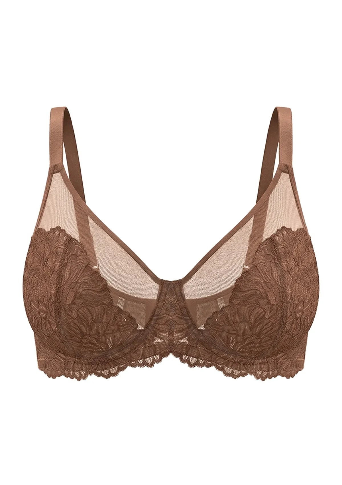 3D flat lay of the HSIA cocoa brown Blossom lace bra, detailing the OEKO-TEX certified breathable mesh and encased underwire for poke-free stability.