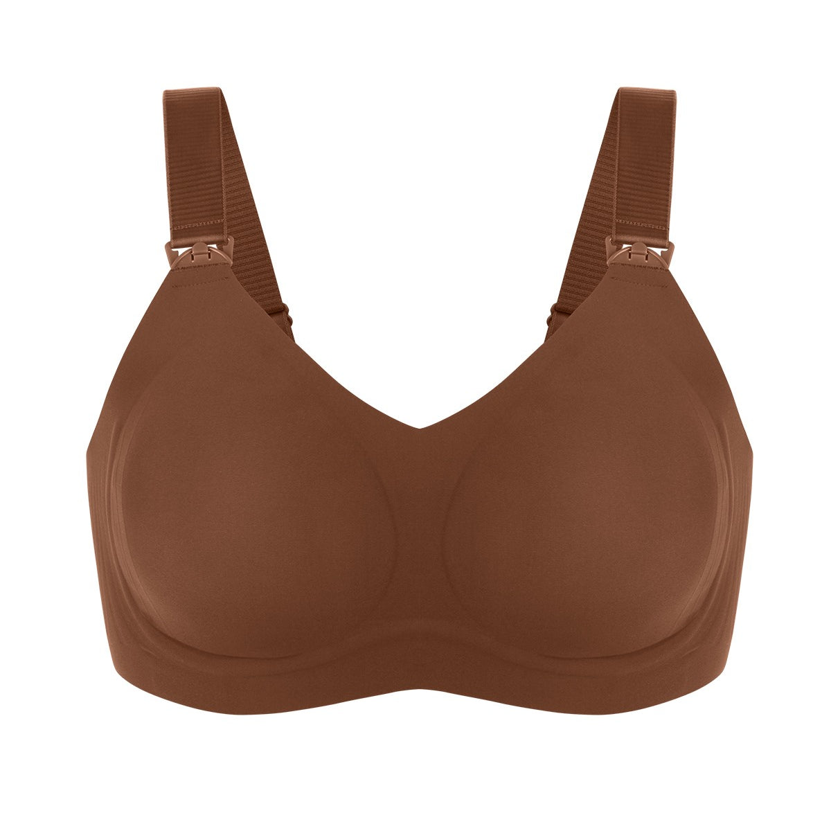 High-resolution 3D shot of the HSIA cocoa brown maternity bra, emphasizing the elastic Jelly Support Technology and moisture-wicking perforated cups.