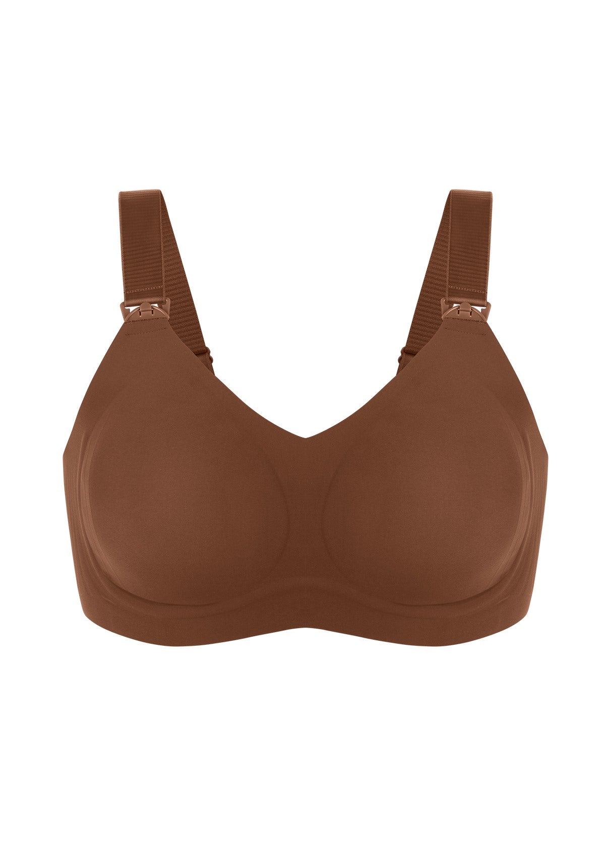 High-resolution 3D shot of the HSIA cocoa brown maternity bra, emphasizing the elastic Jelly Support Technology and moisture-wicking perforated cups.