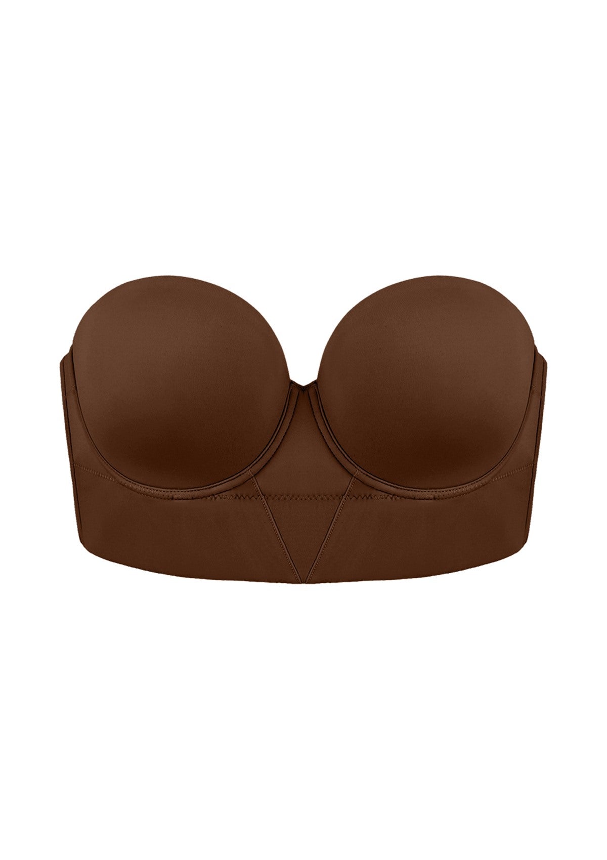 High-resolution 3D flat lay of the HSIA coffee brown longline balconette bra, emphasizing the reinforced anti-slip band and sleek, seamless finish.