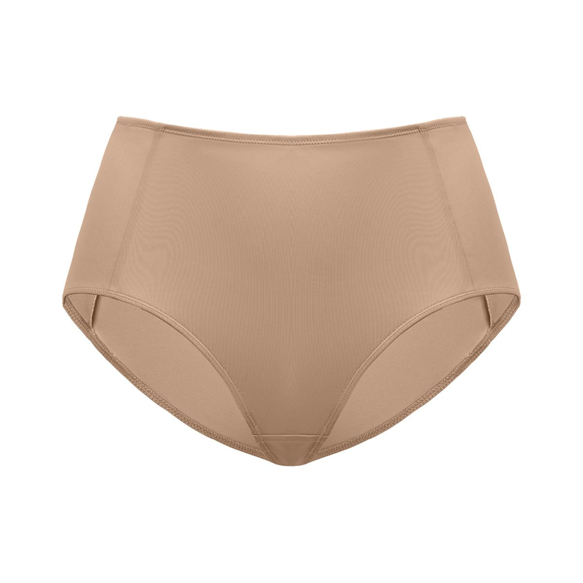 Studio shot of the Dark Beige HSIA CoolComfort high-waist brief, highlighting the stay-in-place security and light shaping construction for active days.