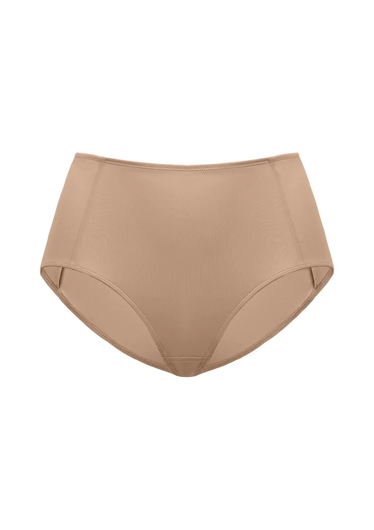Studio shot of the Dark Beige HSIA CoolComfort high-waist brief, highlighting the stay-in-place security and light shaping construction for active days.