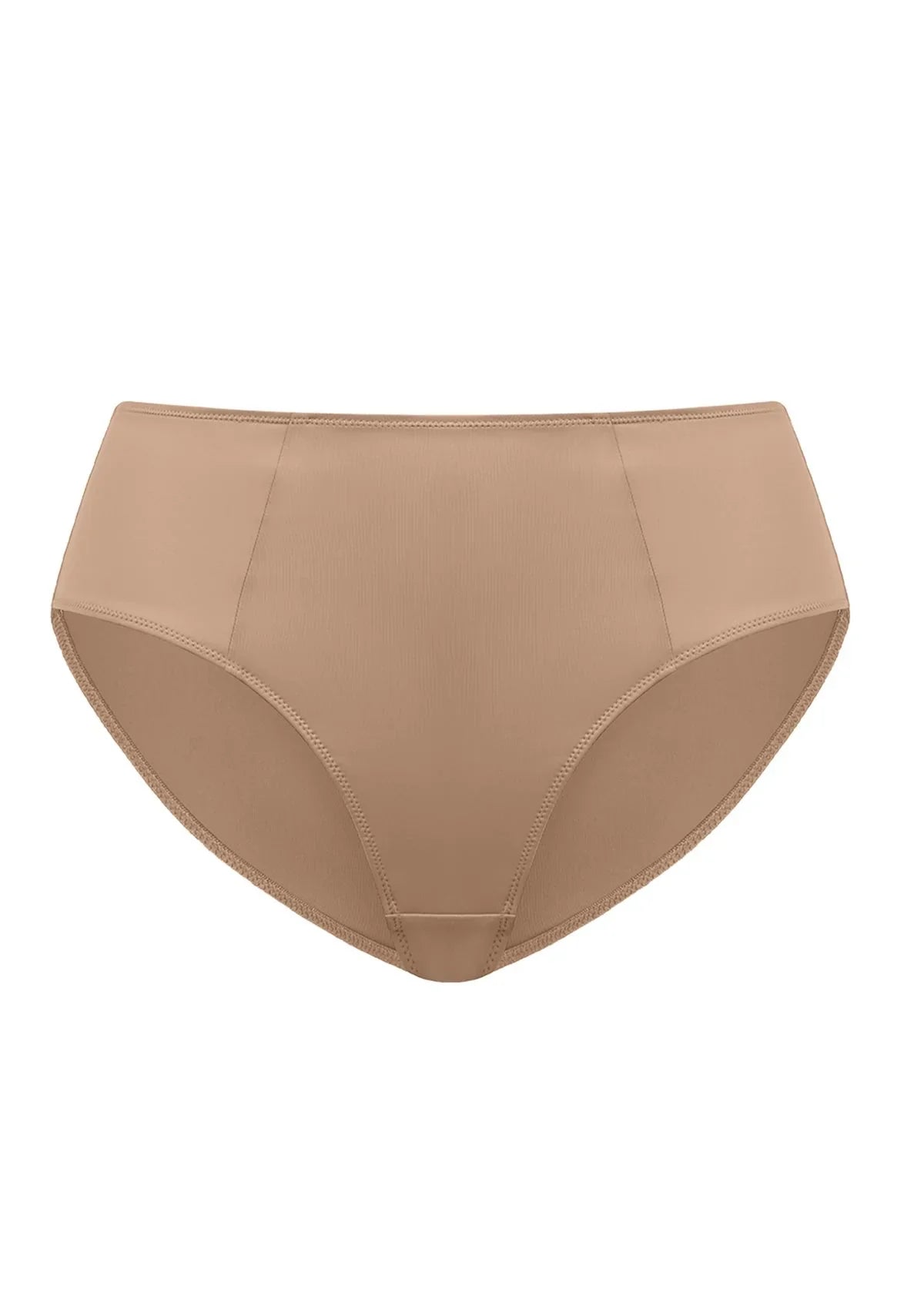 Studio shot of the Dark Beige HSIA CoolComfort mid-rise brief, highlighting the stay-in-place security and lightweight elastic edges for active days.