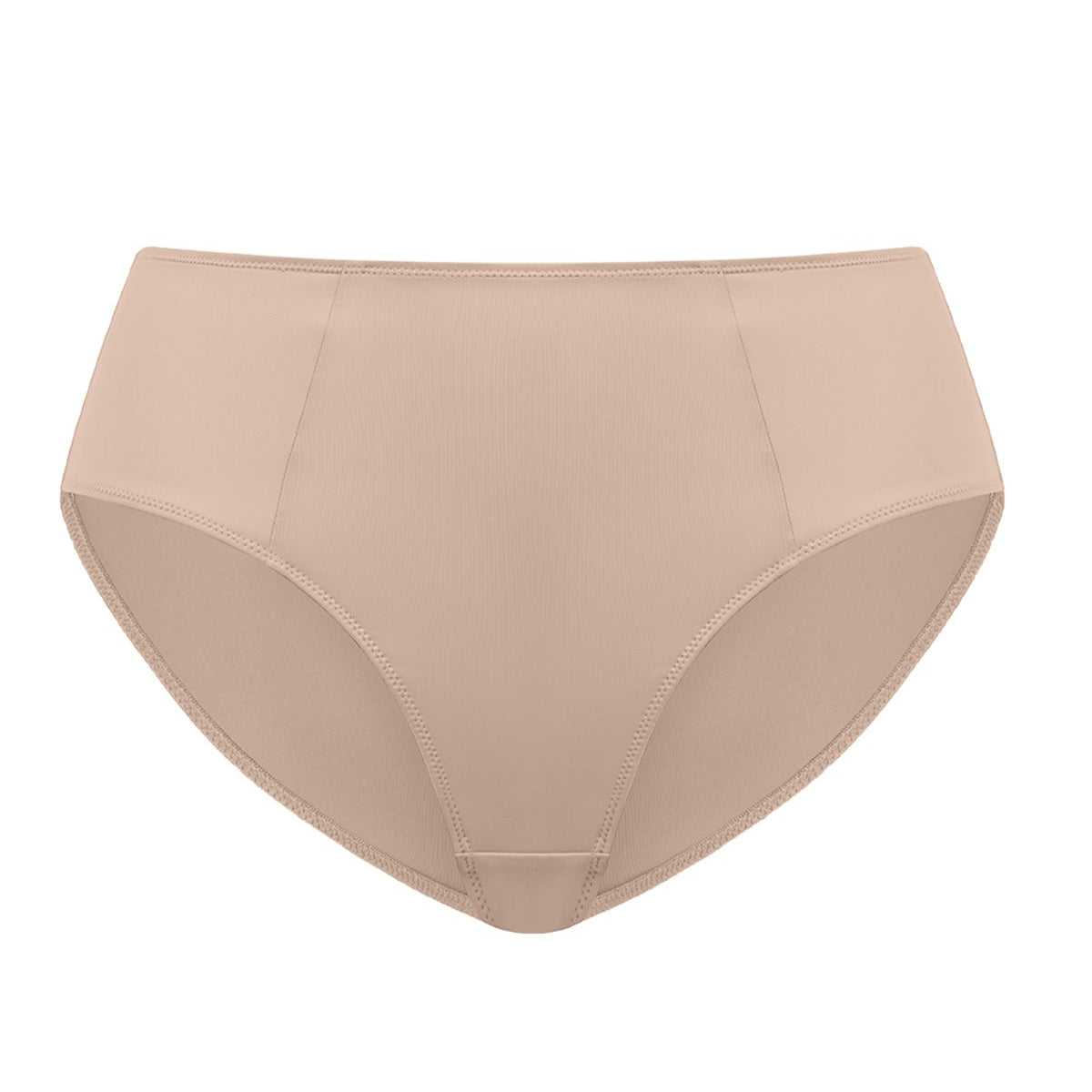 Flat lay of the Warm Sand HSIA CoolComfort seamless everyday panty, a gorgeous neutral tone engineered with a breathable 100% cotton gusset.