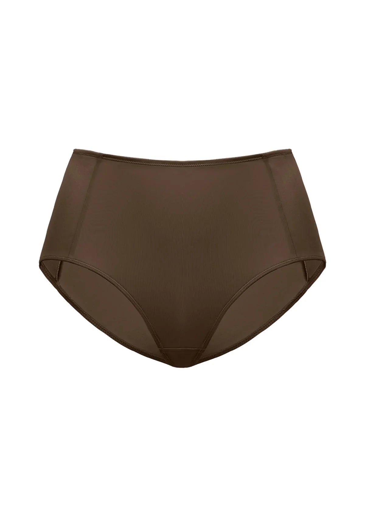 Detailed studio product view of the Cocoa Brown HSIA CoolComfort high-waist brief, emphasizing the premium seamless edges and smooth second-skin finish.