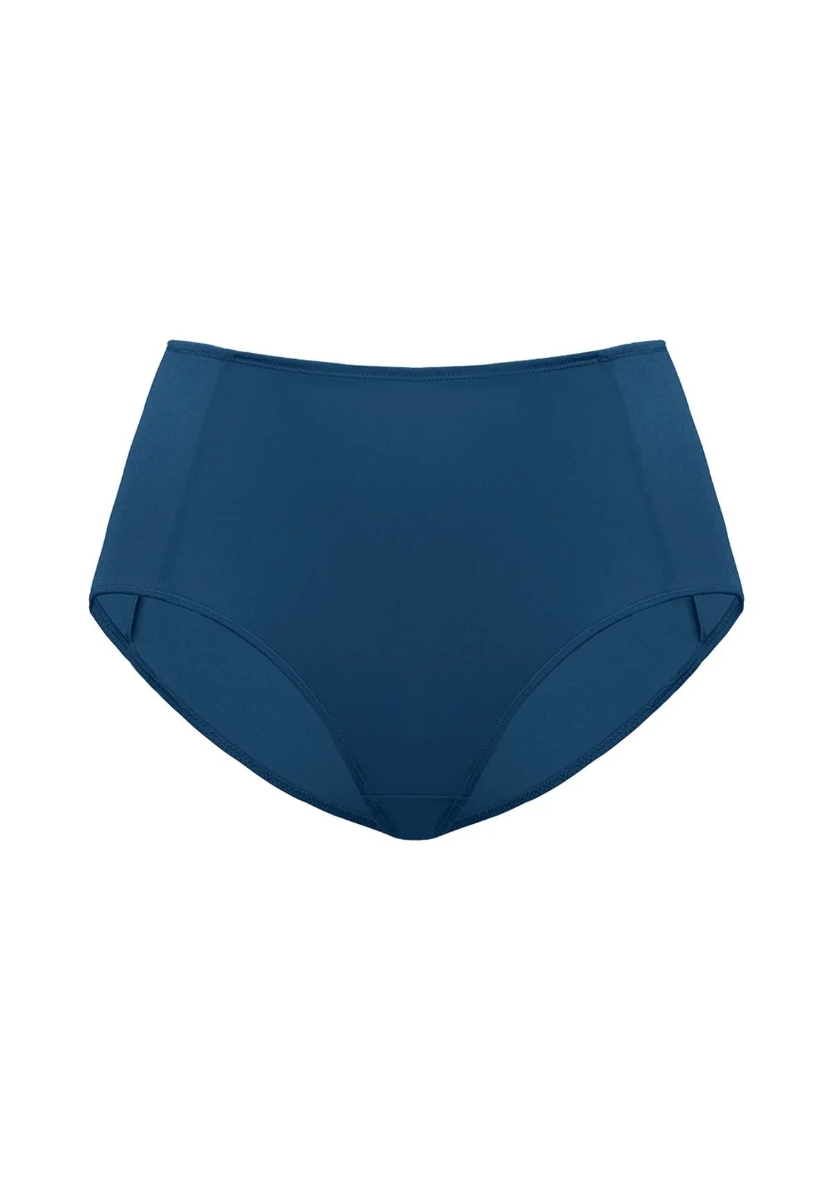 Studio flat lay of the Ocean Blue HSIA CoolComfort seamless high-waist brief, highlighting the premium double-stretch fabric and invisible tummy control.