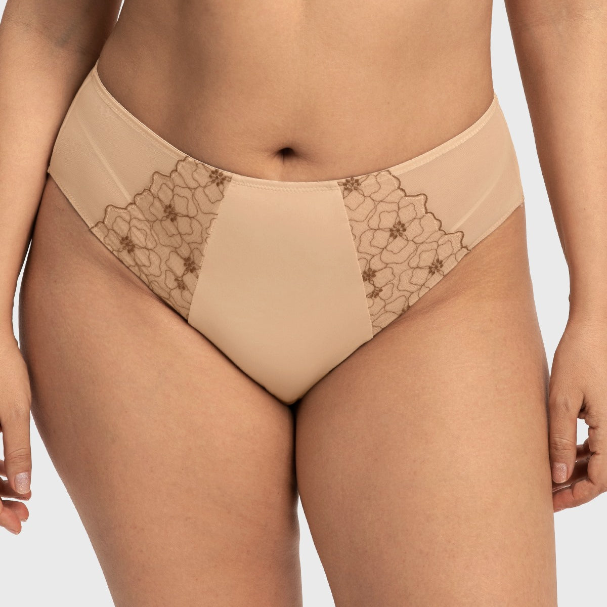 Front view of model in the Light Beige HSIA Dahlia high waist panty, a perfect everyday neutral staple featuring a stylish mesh and embroidery front panel.